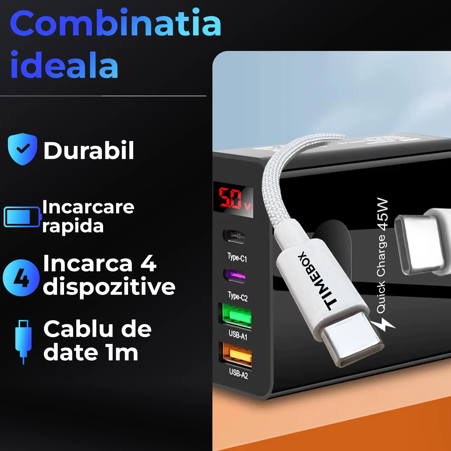 Timebox incarcator retea 45W 4 porturi negru