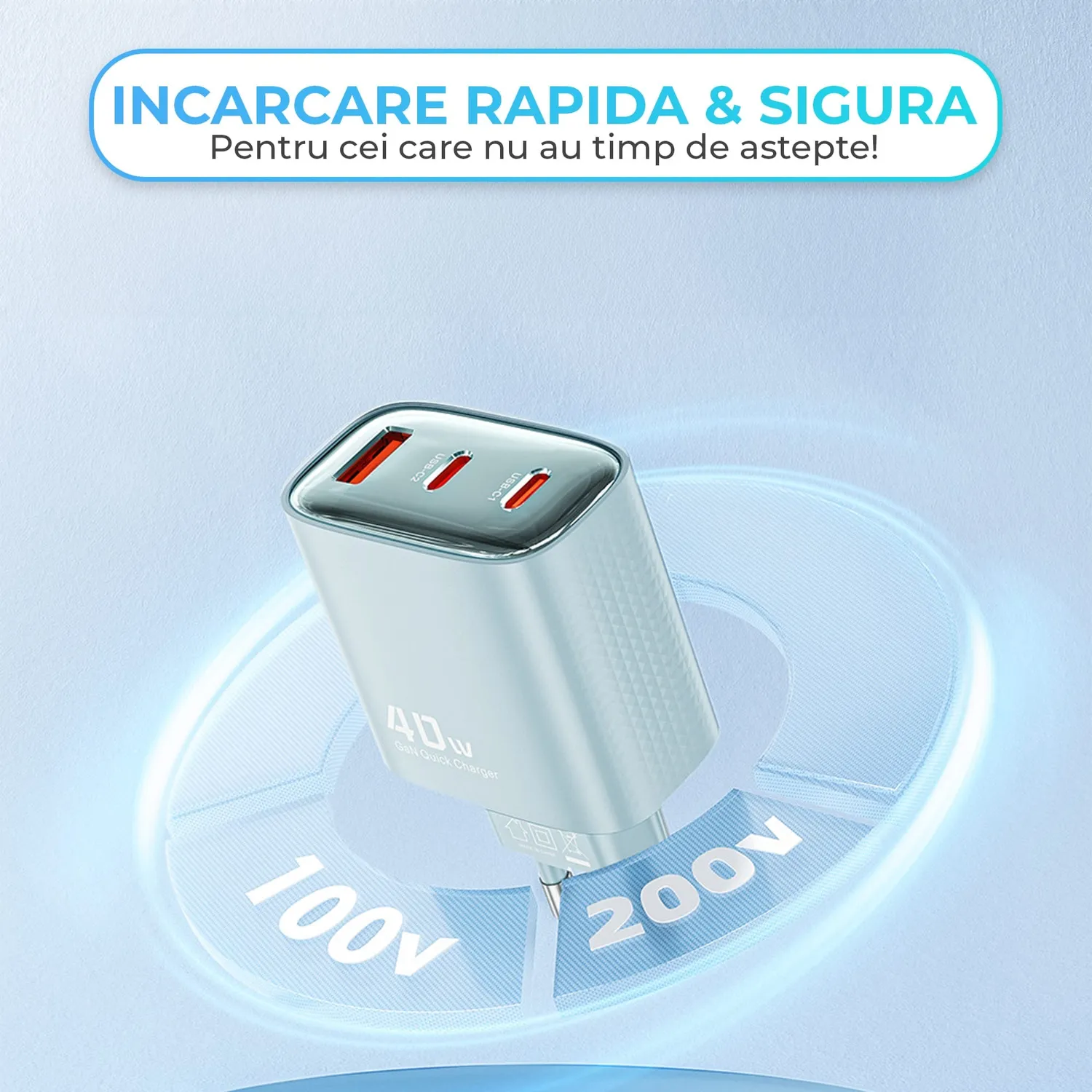 Timebox Incarcator Retea 40W 3 Porturi 2x Type-C Albastru