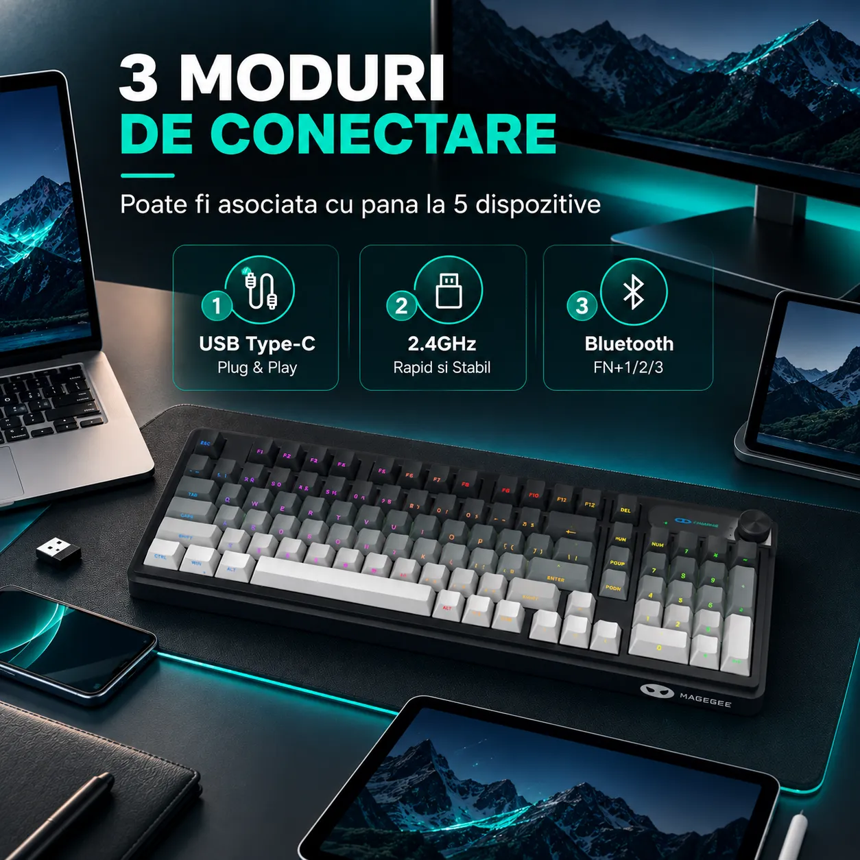 Timebox 98% Tastatură wireless tri-mode negru RGB knob