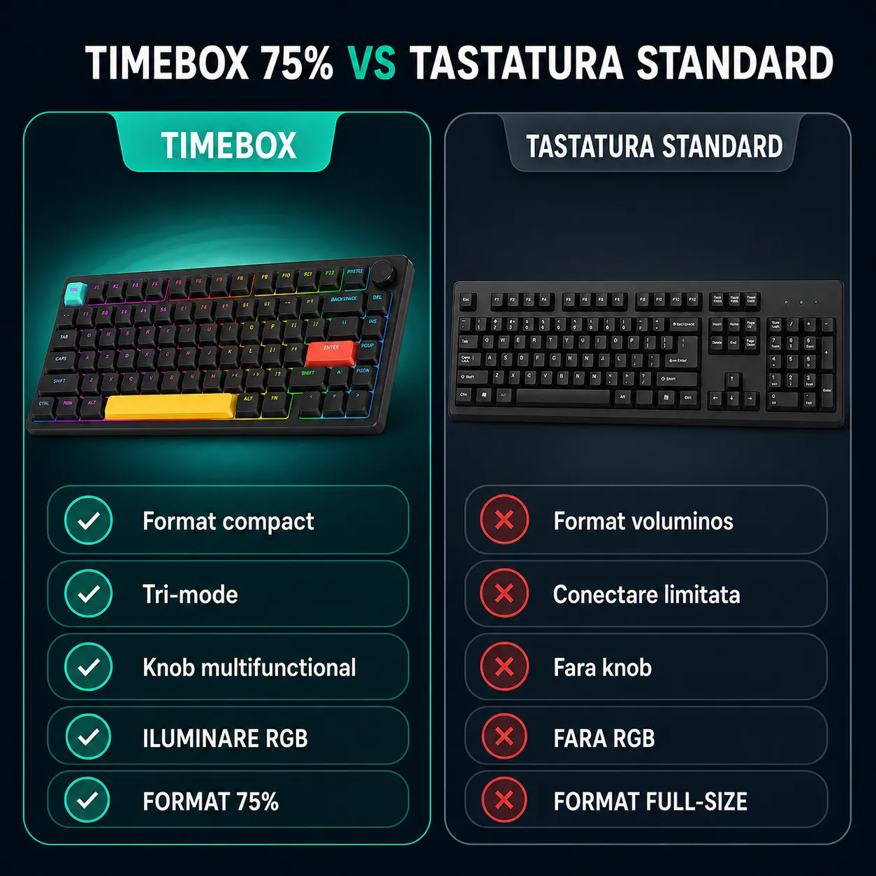 Timebox 75% tastatura mecanica wireless RGB low-profile