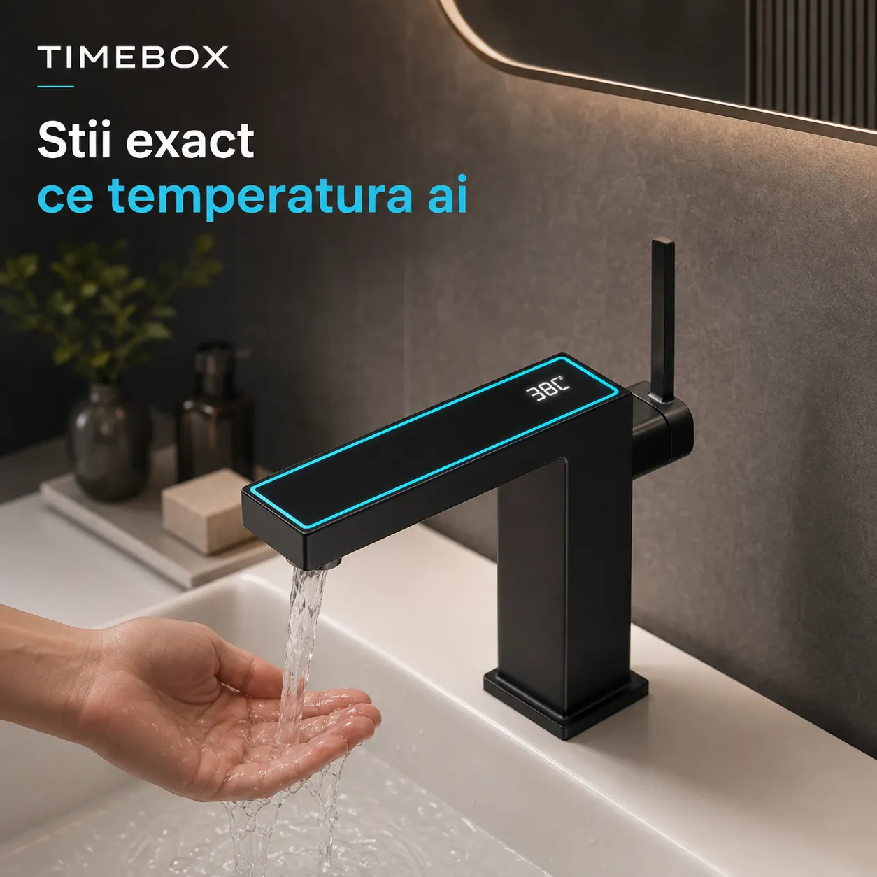 Timebox baterie lavoar LED negru mat monocomanda