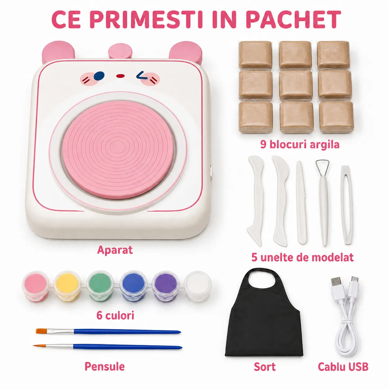 Timebox set olarit copii roata electrica USB roz 4 ani+