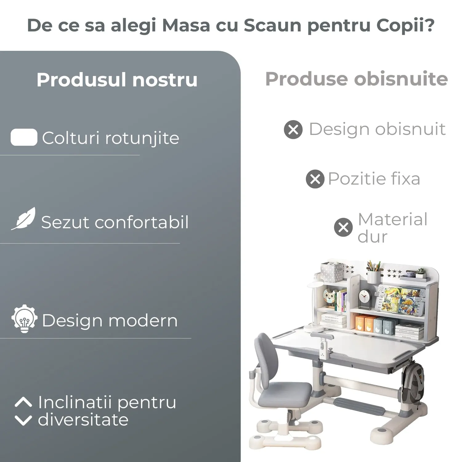 Timebox birou reglabil copii cu scaun gri