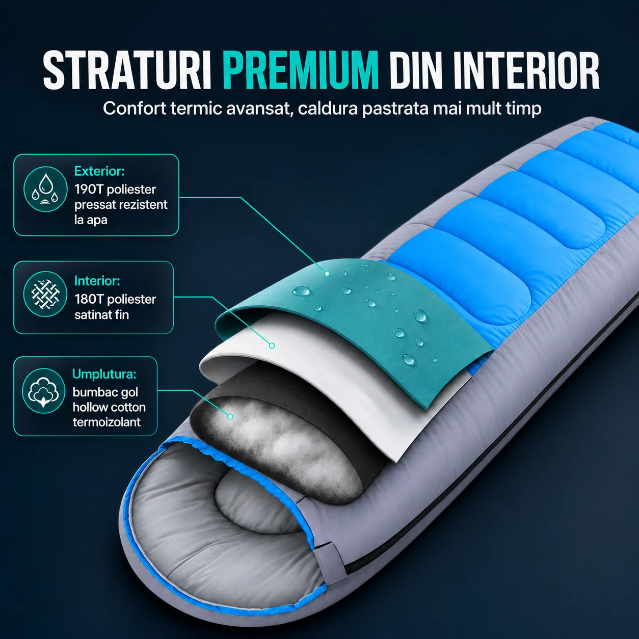 Timebox 1800g sac de dormit albastru set complet calduros