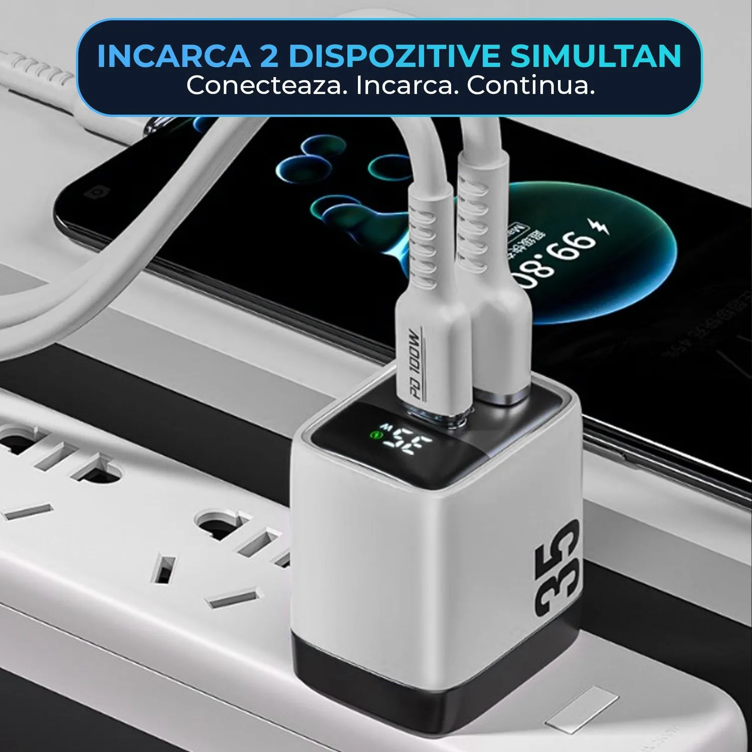Timebox 35W incarcator retea Alb 2 porturi QC 3.0 LED