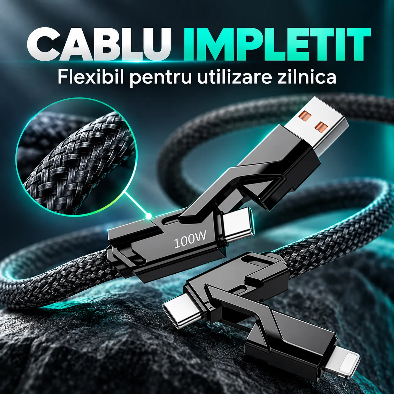 Timebox 4 în 1 cablu încărcare 100W 1,5m negru