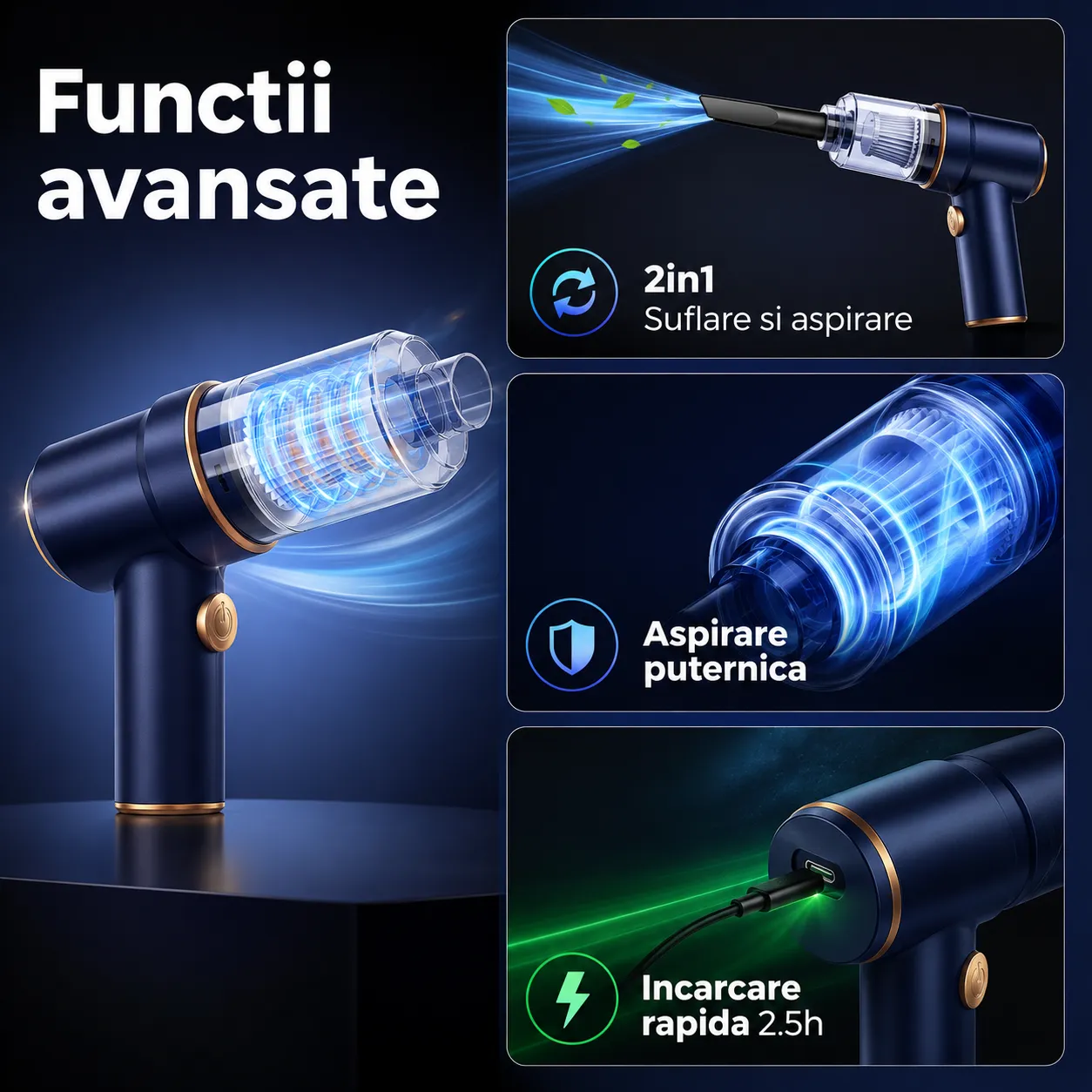 Timebox 2 in 1 aspirator auto portabil 9000PA 120W LED