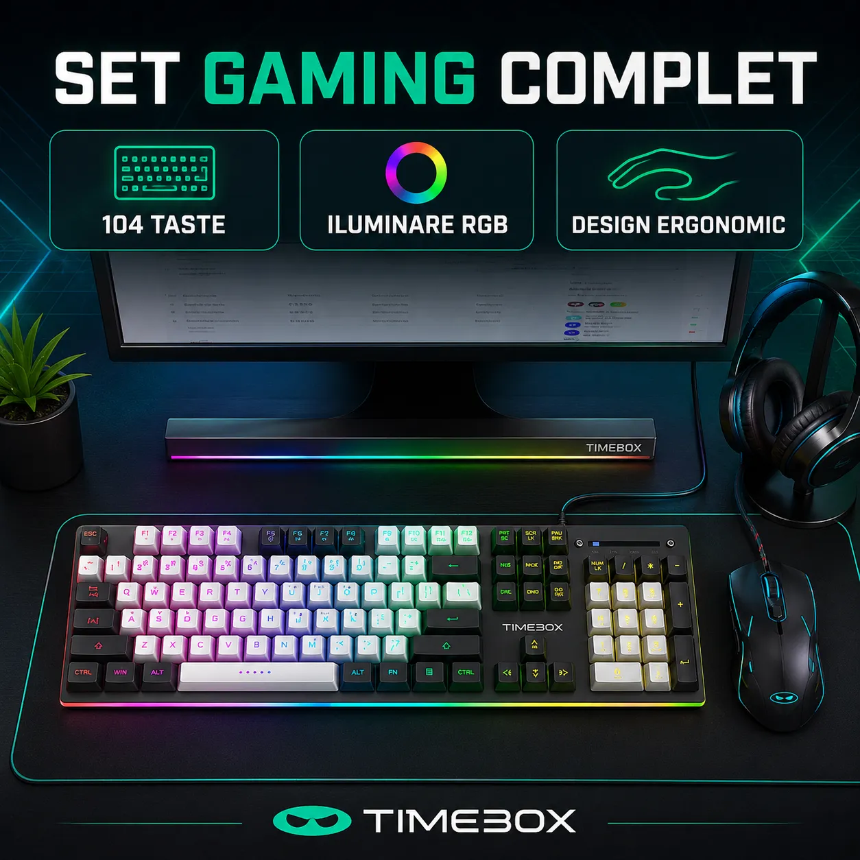 Timebox 104 kit tastatura + mouse gaming RGB negru silentios