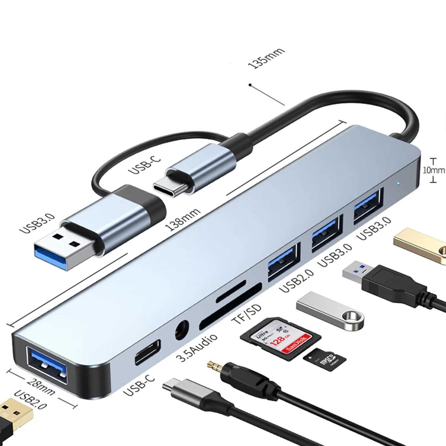 Timebox Hub USB 8 in 1 Type-C Argintiu Jack 3.5mm HDMI