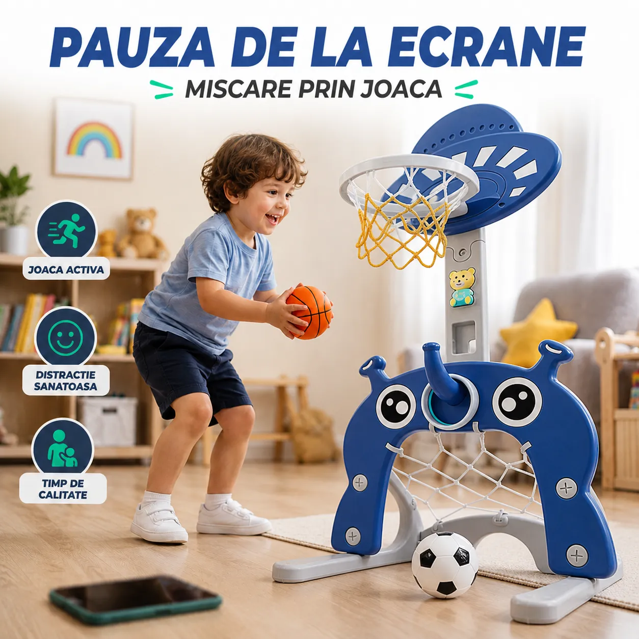 Timebox Set Joaca 4 in 1 Cos Baschet Poarta Fotbal Albastru