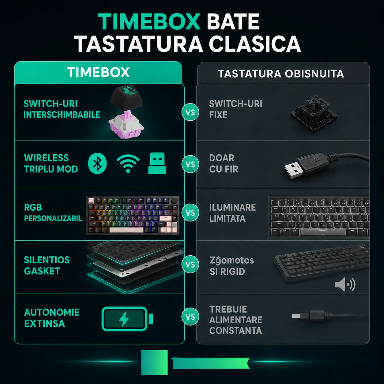 Timebox 75% tastatura mecanica wireless neagra Hot-Swap