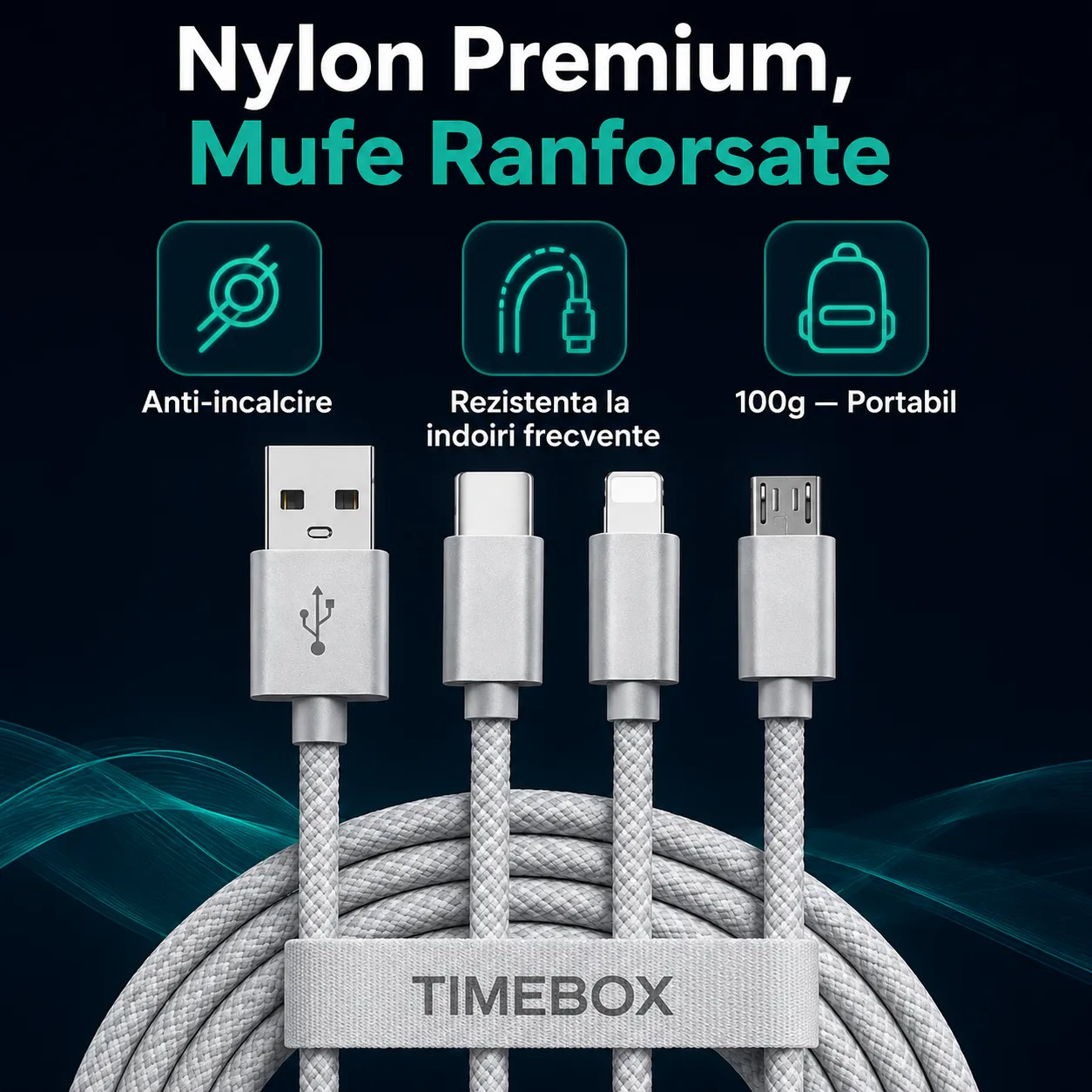 Timebox 3 in 1 66W cablu incarcare gri 1,2m nylon