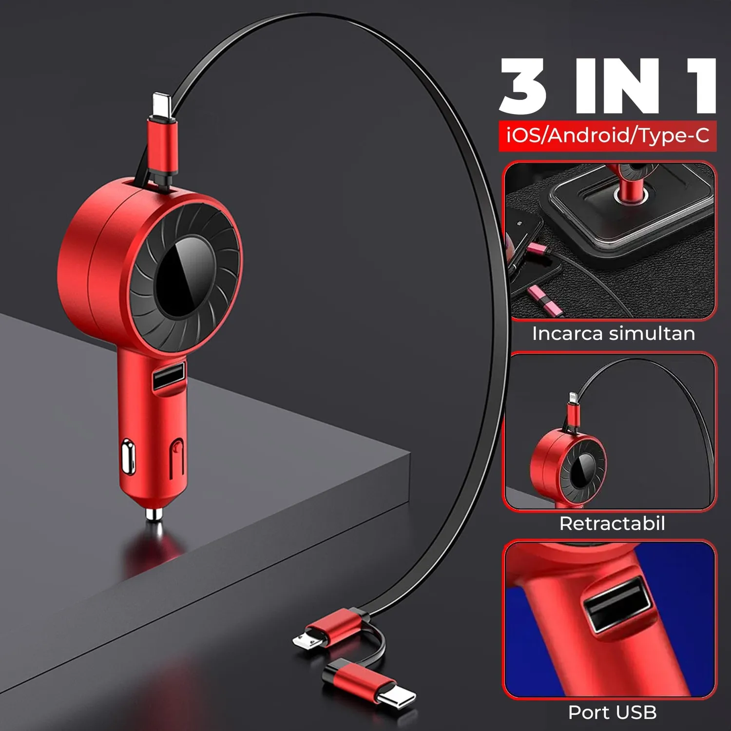 Timebox incarcator auto 3 in 1 rosu Super Fast Charge