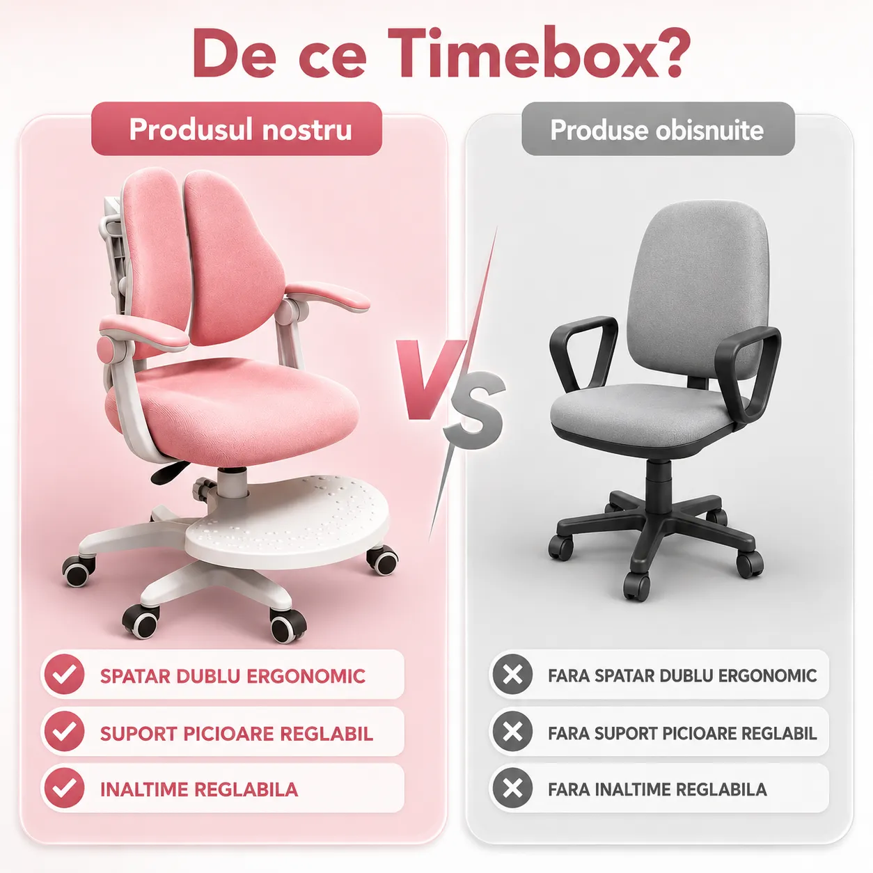 Timebox scaun copii ergonomic roz 3-12 ani inaltime reglabila