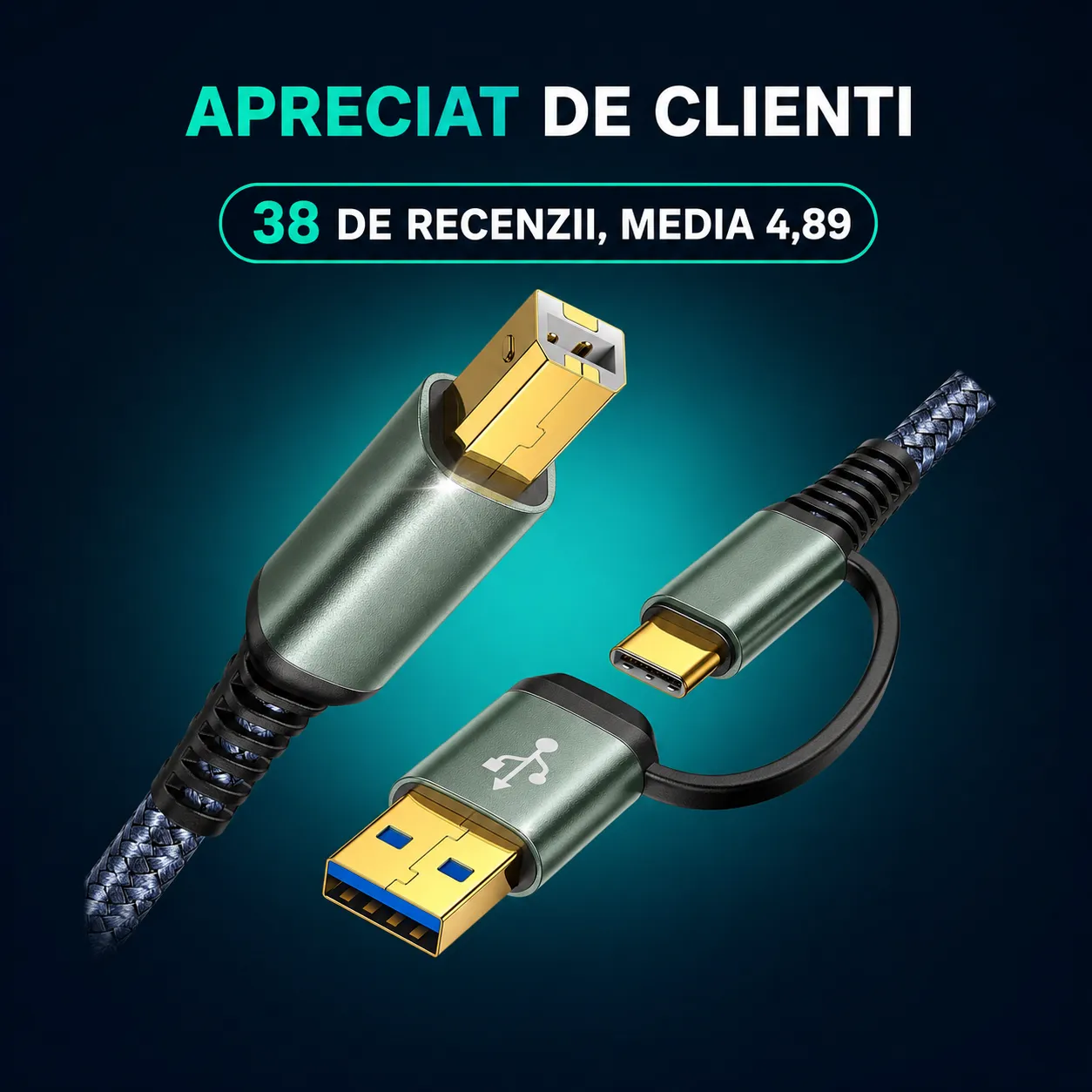 Timebox Cablu Imprimanta USB/USB-C la USB-B 2m Gri