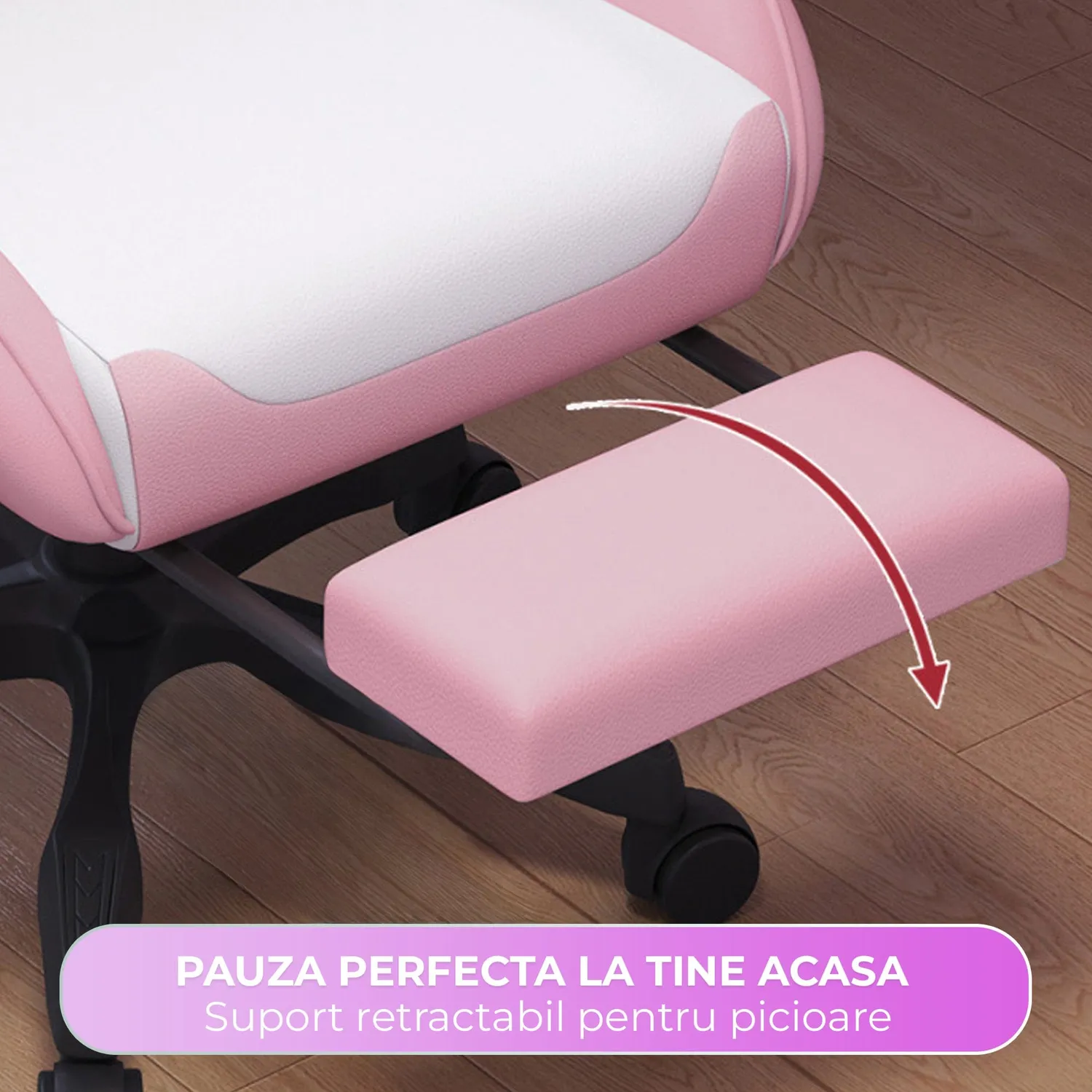 Timebox 135 scaun gaming roz piele PU cu footrest