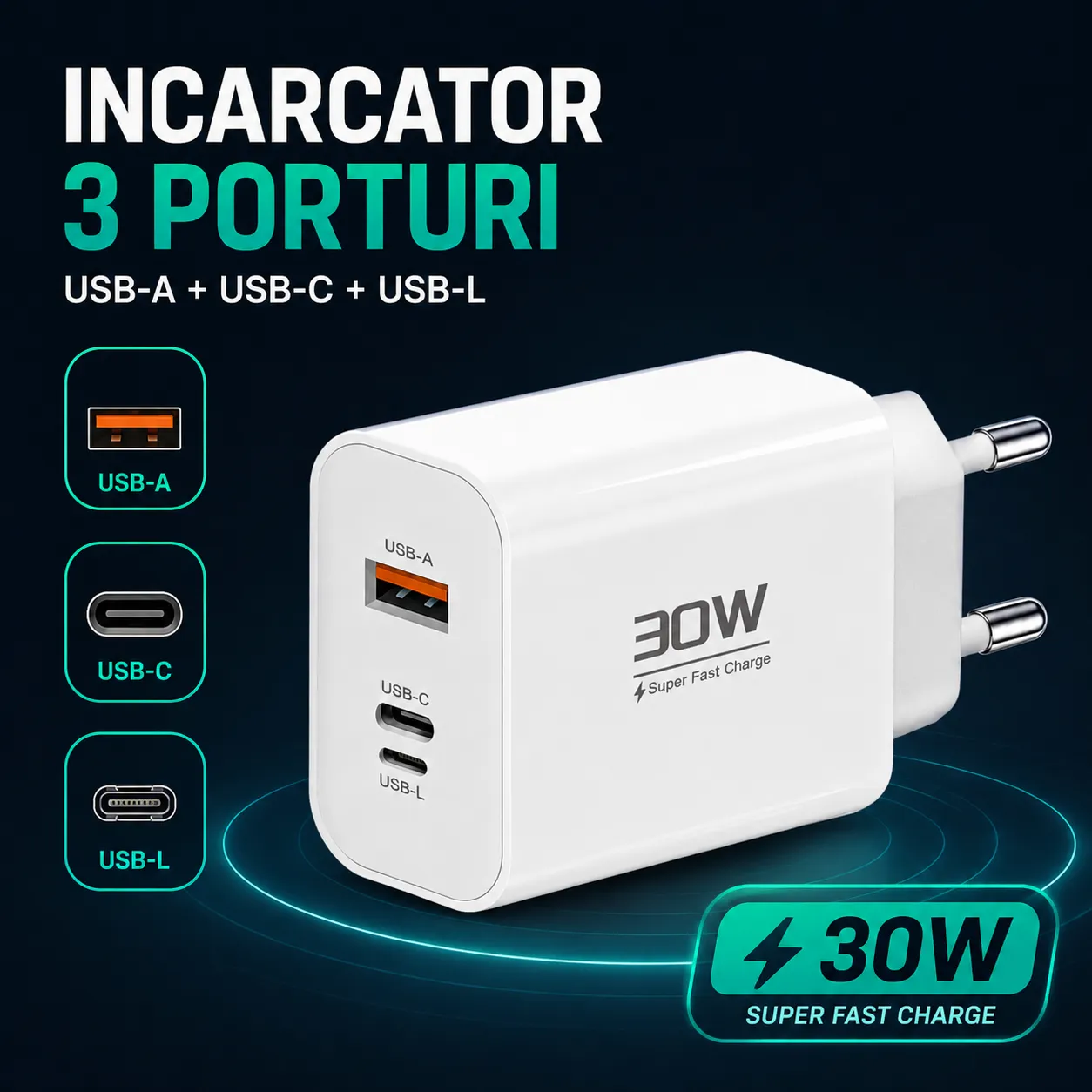 Timebox incarcator retea 30W 3 porturi alb Type-C USB