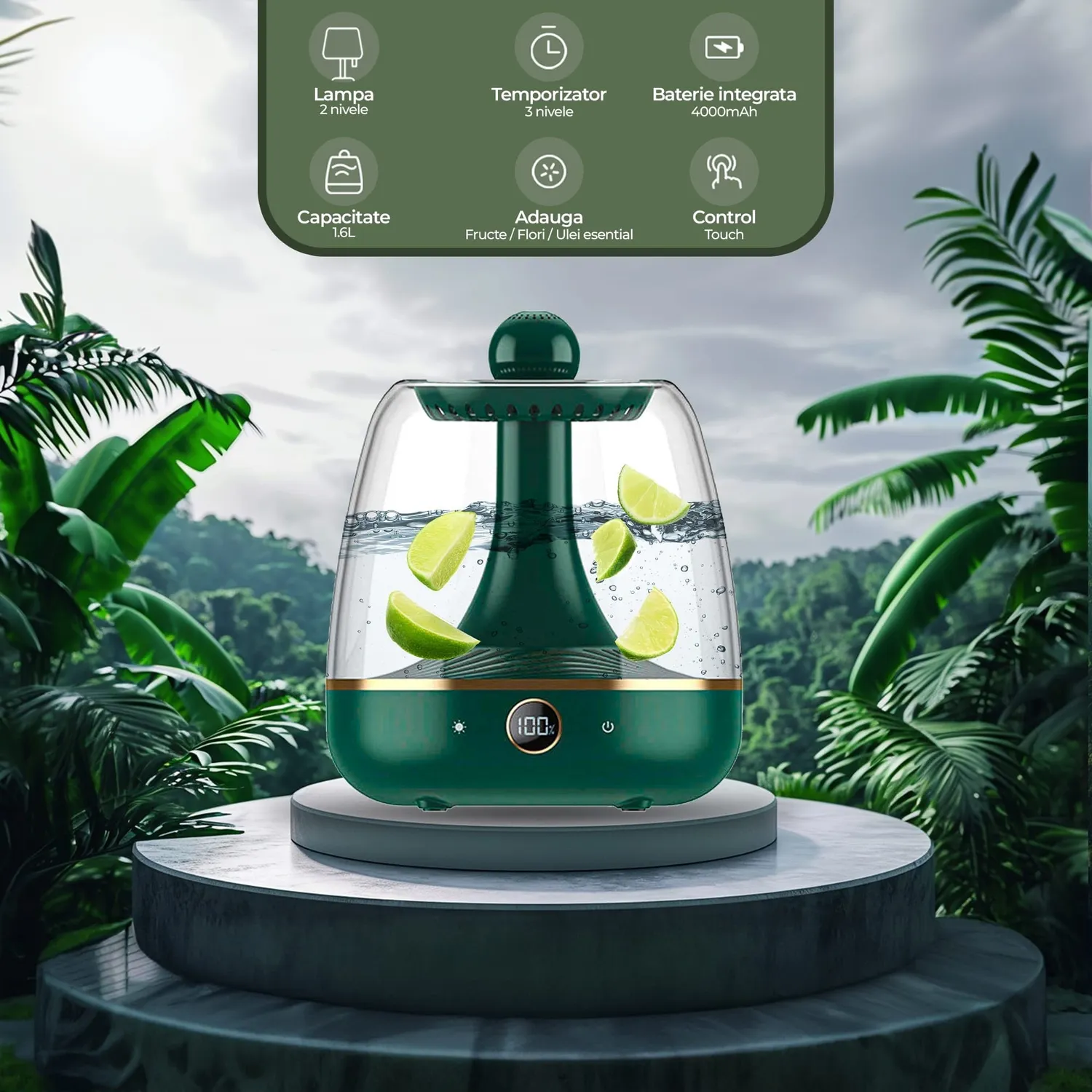 Timebox Difuzor Ulei Esential 1600ml Verde Umidificator aromatic