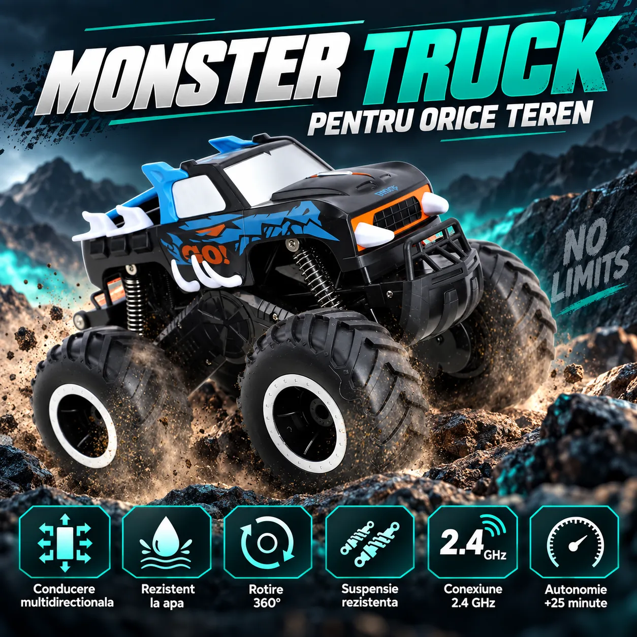 Timebox 1:16 masinuta RC 4x4 Monster Truck negru-albastru