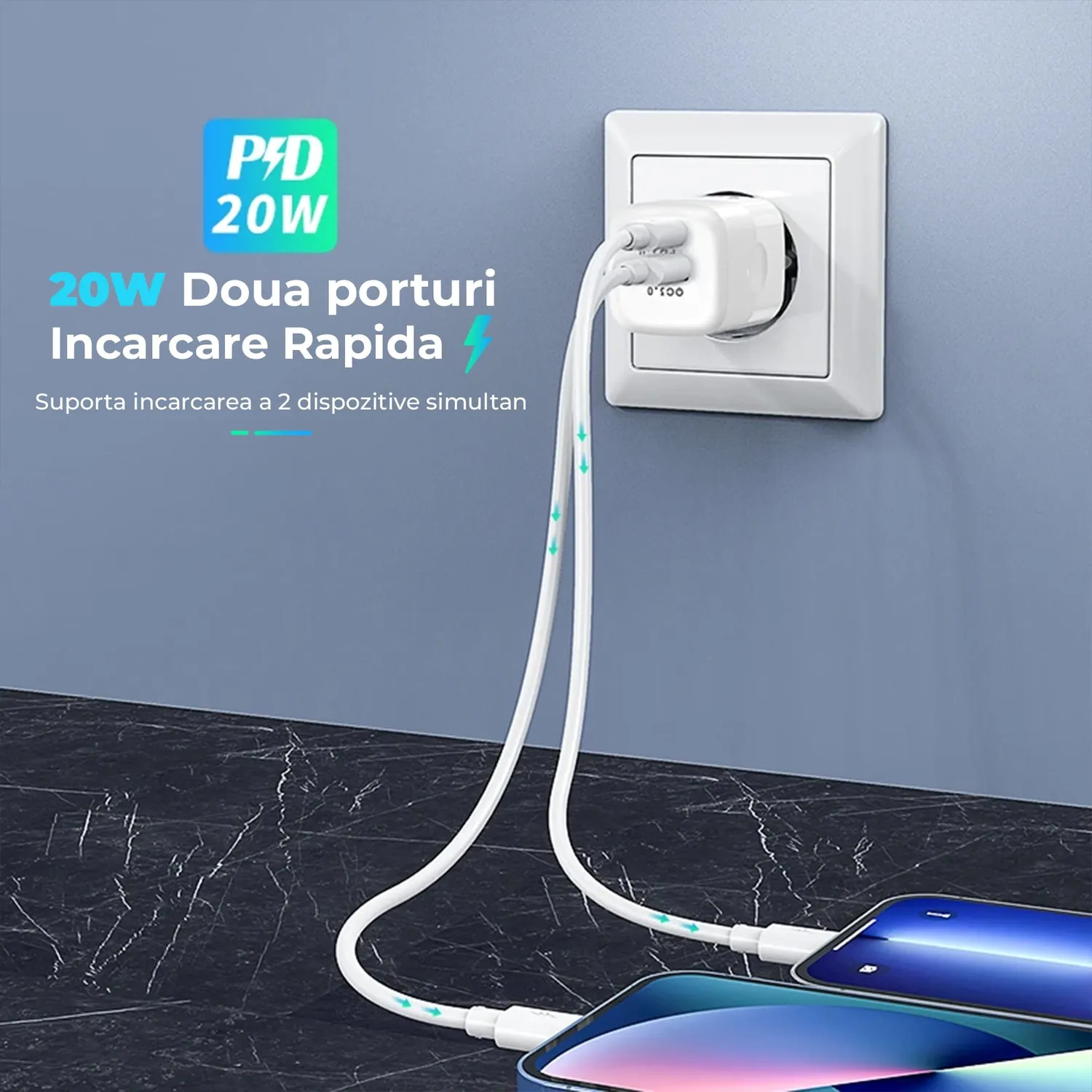 Timebox Încărcător rețea 20W 2 porturi alb fast charge