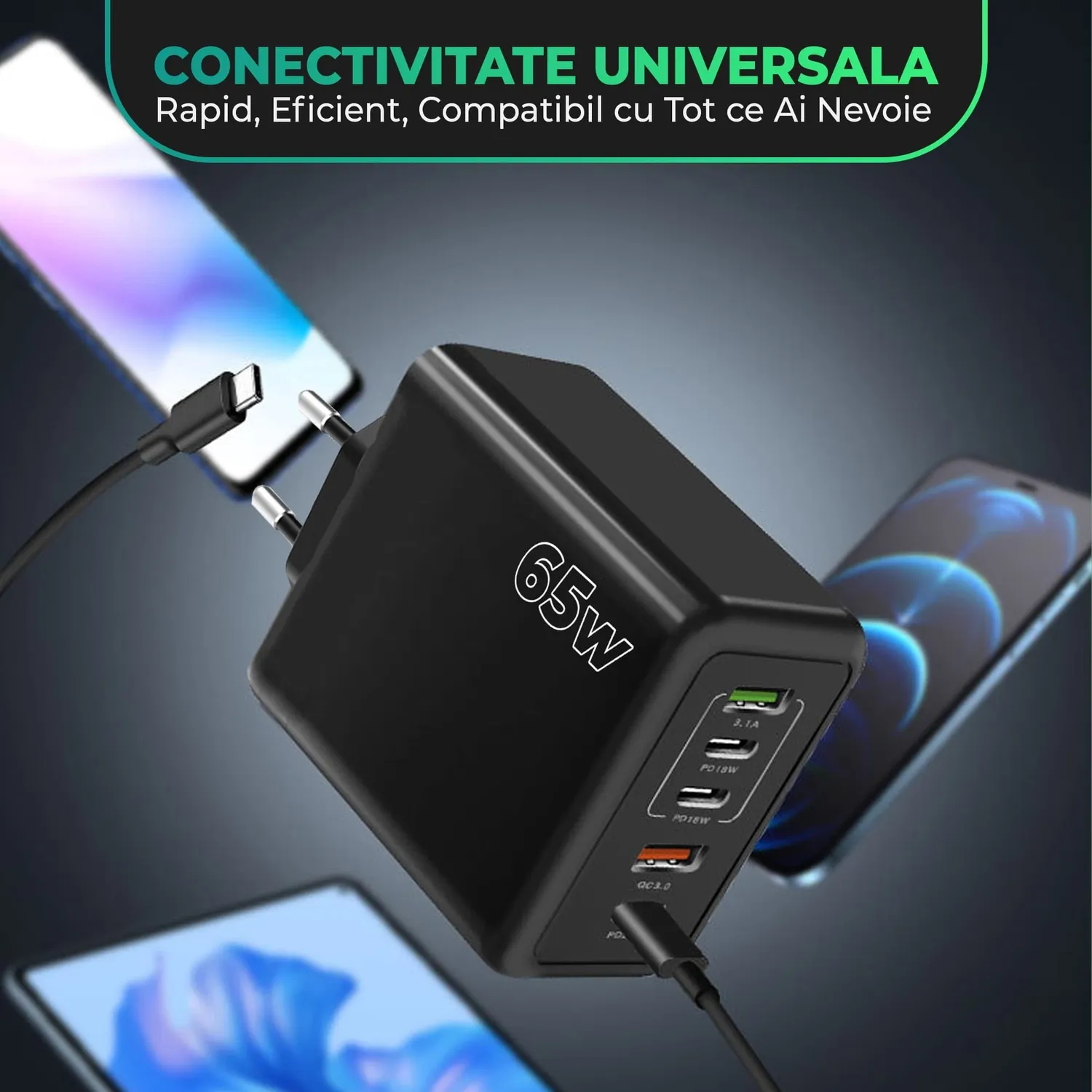 Incarcator retea Timebox 65W 5 porturi negru fast charge
