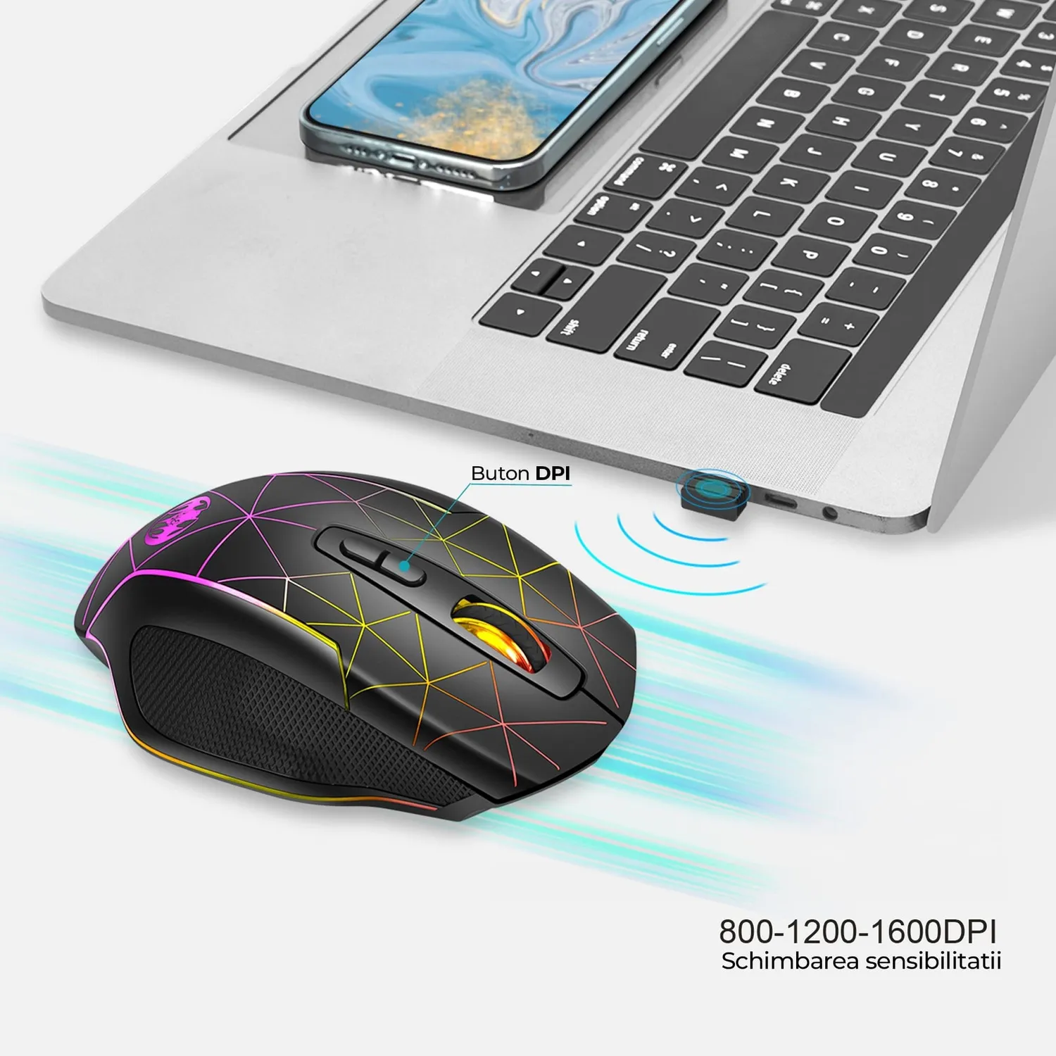 Timebox Jiggler mouse gaming wireless 1600DPI negru RGB