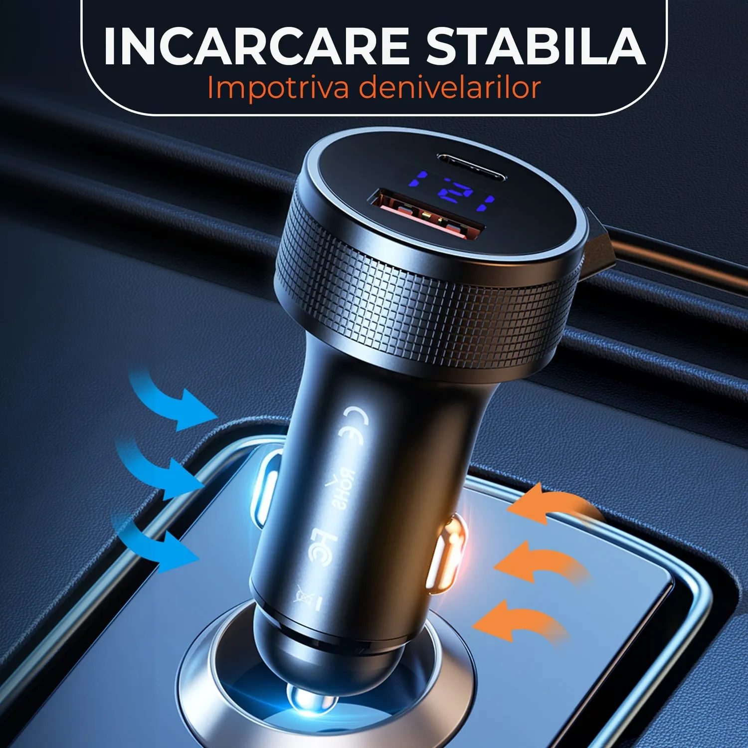 Timebox 52.5W incarcator auto USB QC3 Type-C negru