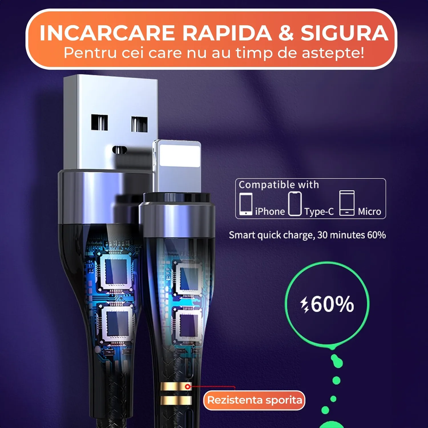 Timebox cablu 3 in 1 1,2m negru nailon fast charge
