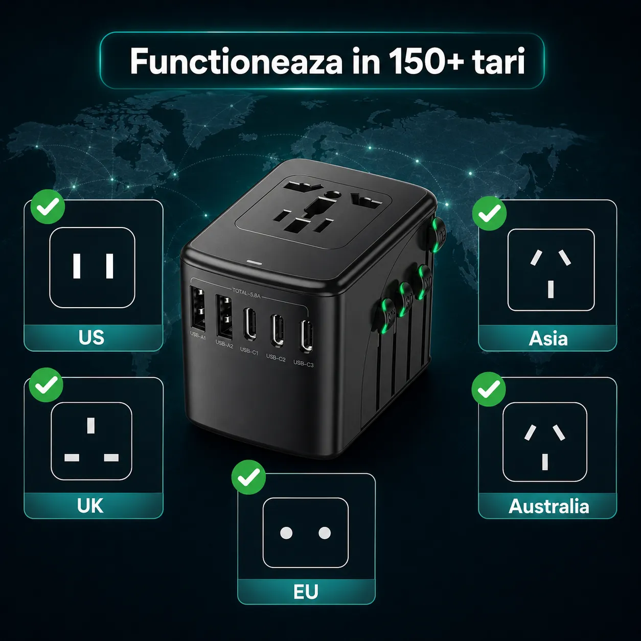 Timebox Adaptor Universal Priza Voiaj 5 Porturi Negru