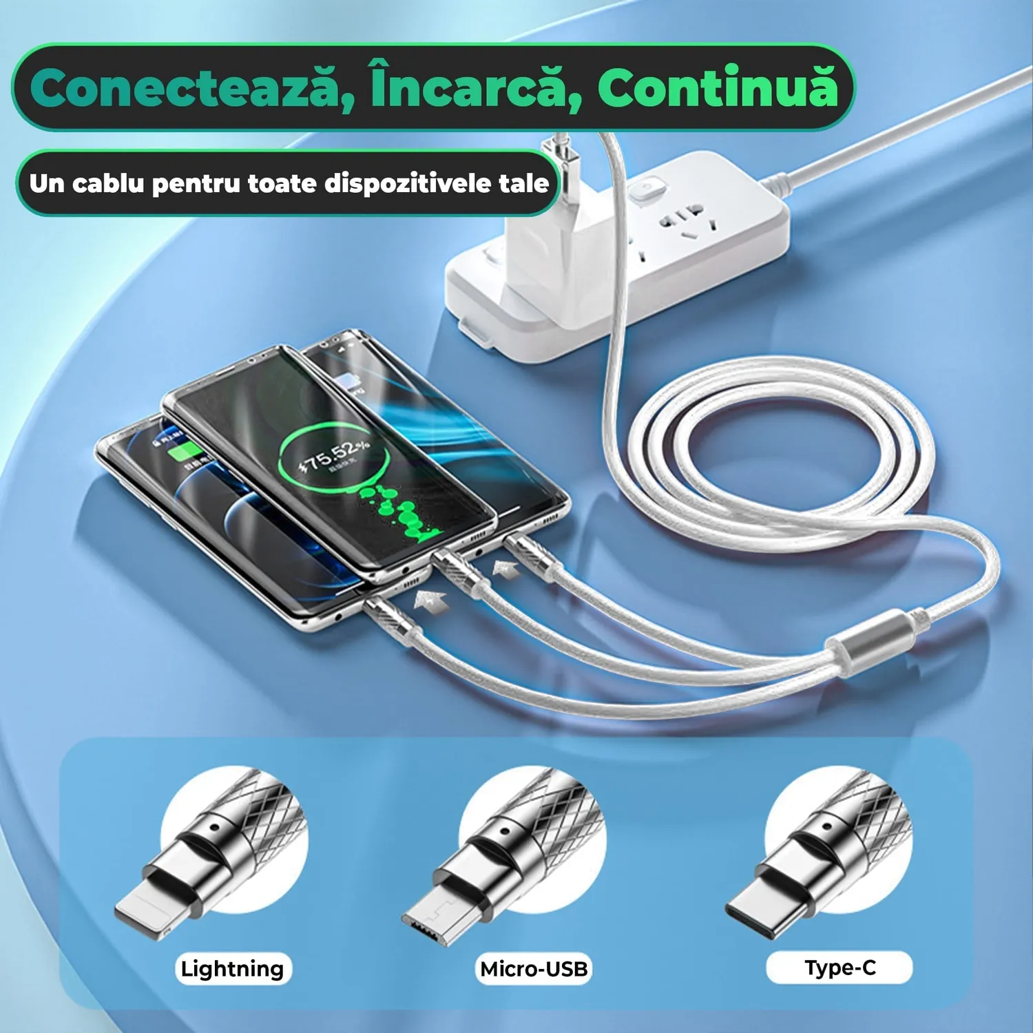 Timebox cablu 3 in 1 120W 1,2m USB-C Lightning alb