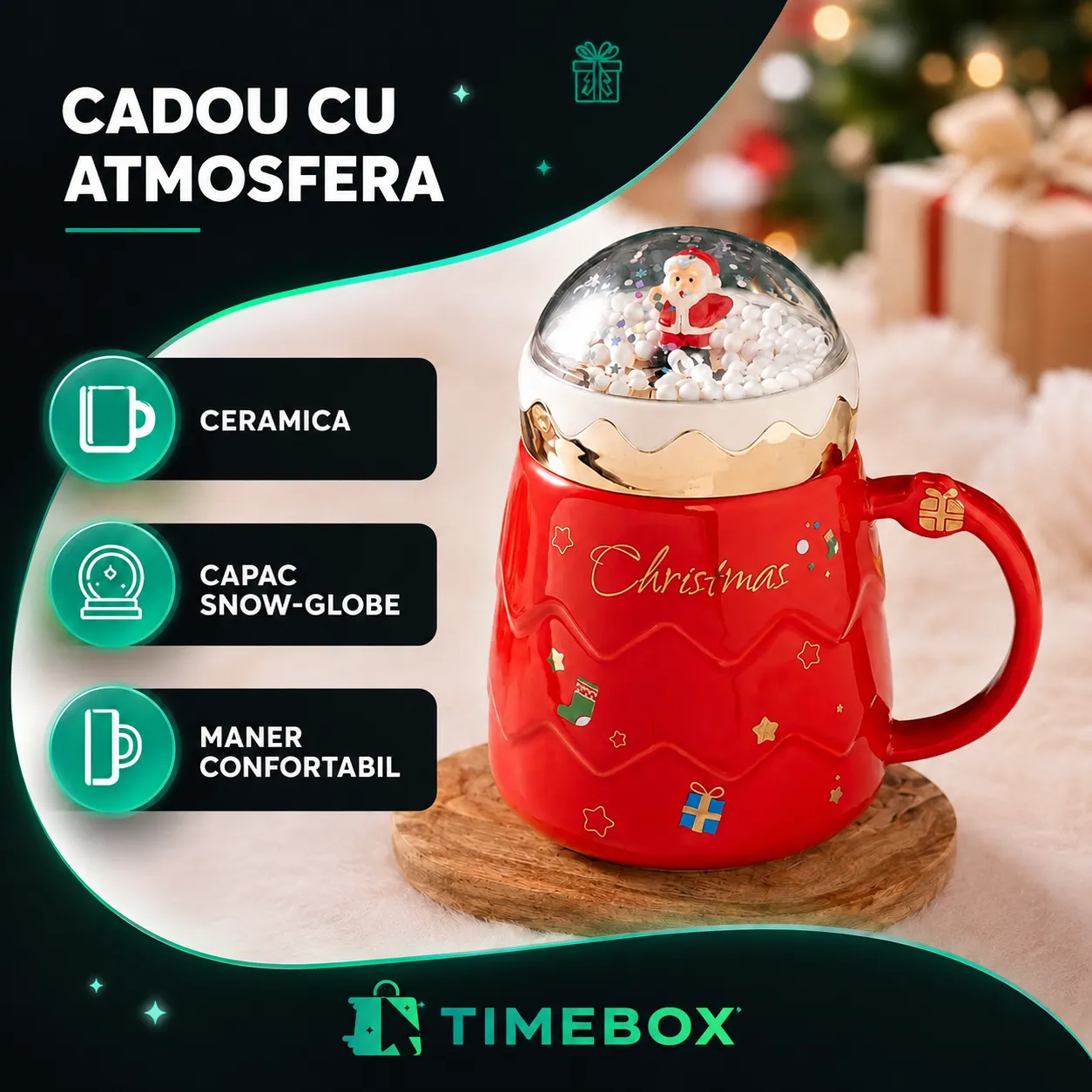 Timebox Cana Ceramica Craciun Snow-Globe 500ml Rosu