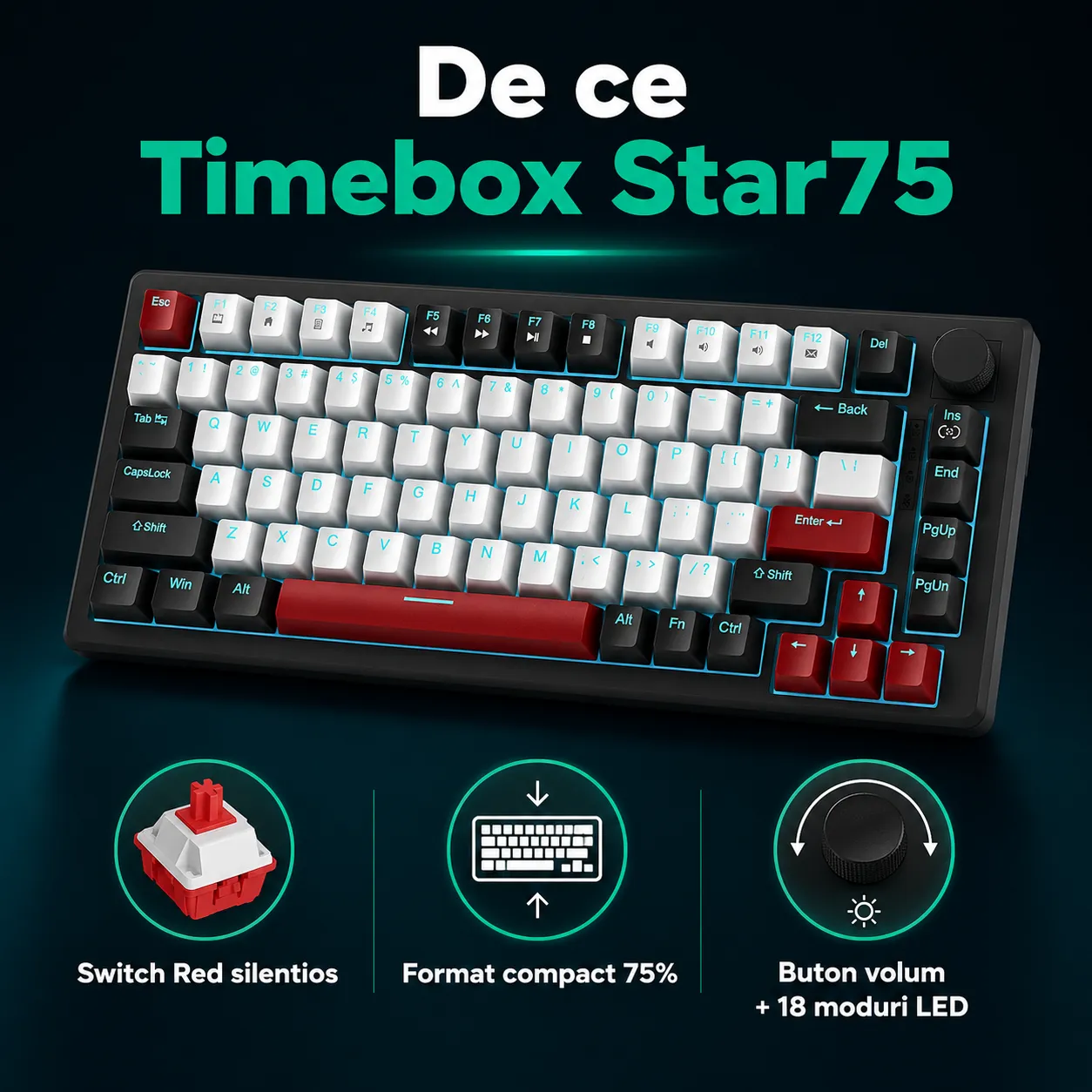 Timebox tastatura mecanica gaming 75% Red Switch LED 83 negru