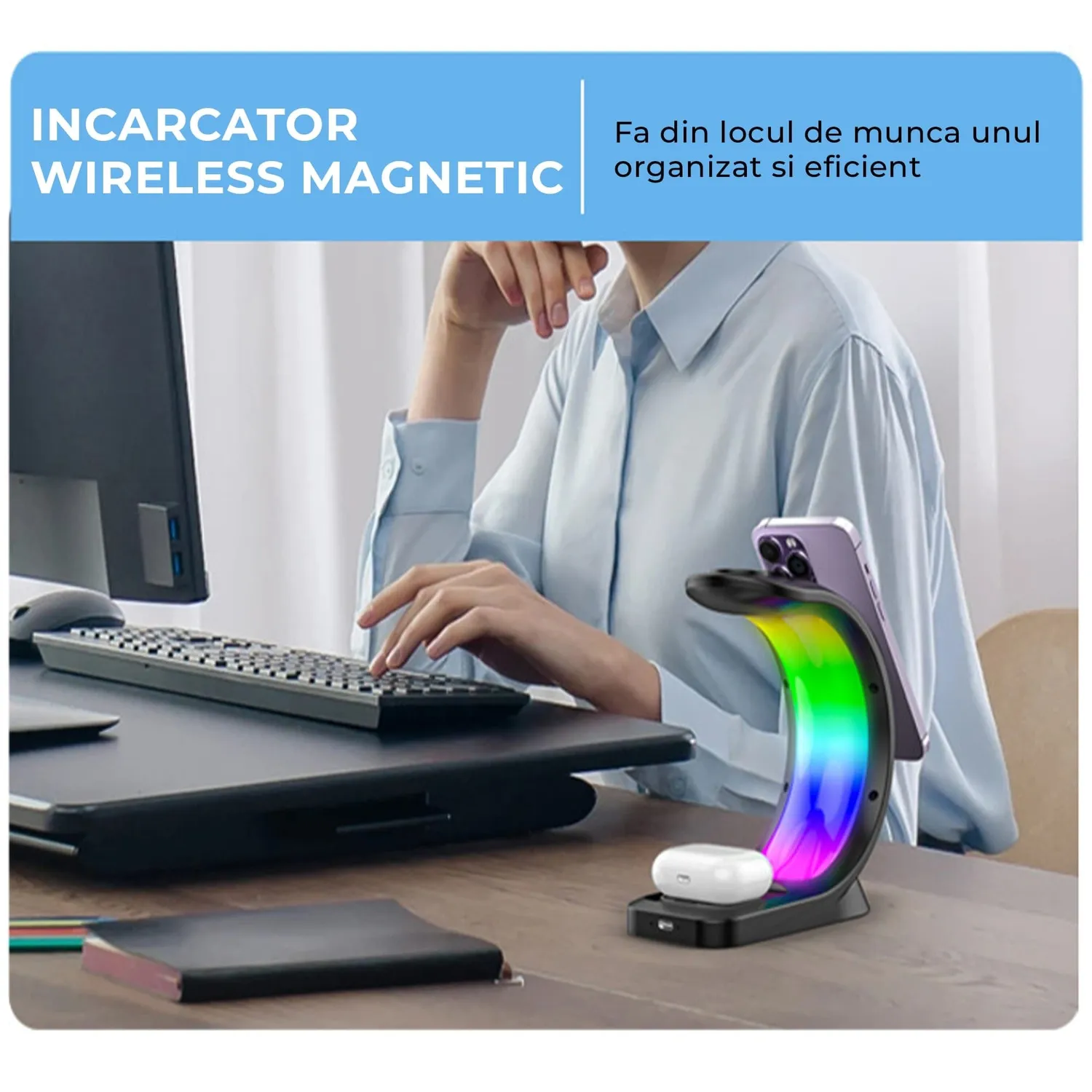 Timebox 3 in 1 incarcator wireless 15W MagSafe RGB