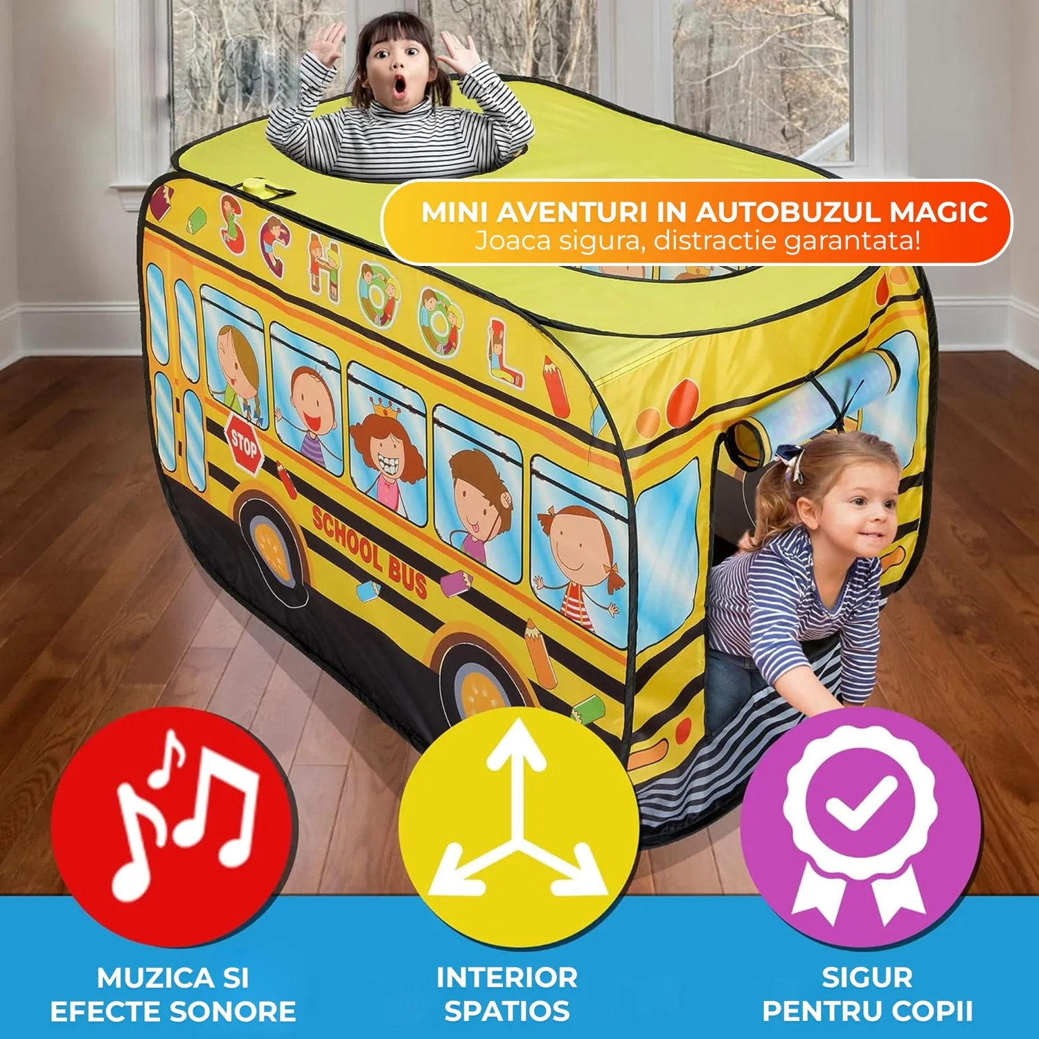 Timebox cort joaca copii autobuz galben pop-up 1-5 ani
