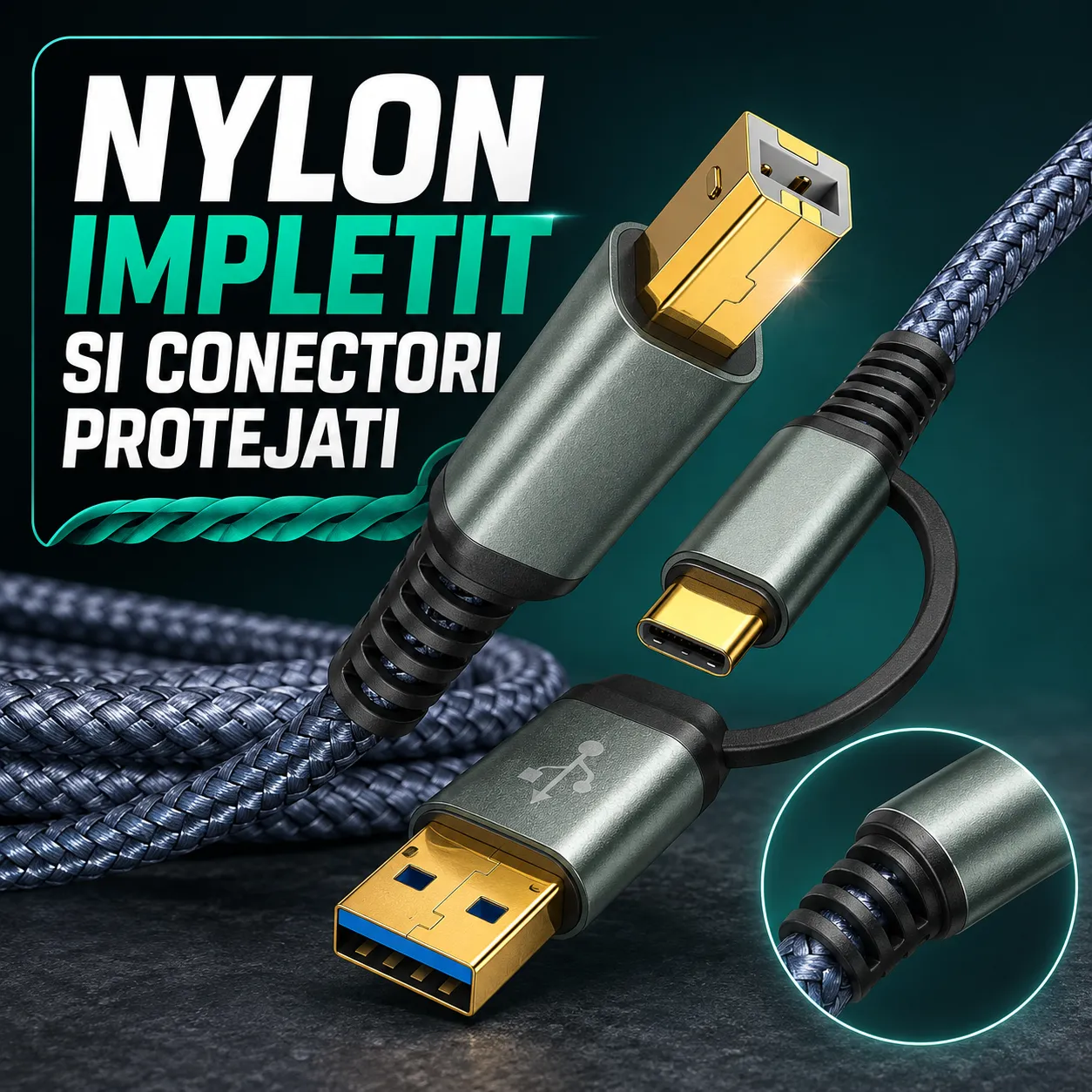 Timebox Cablu Imprimanta USB/USB-C la USB-B 2m Gri