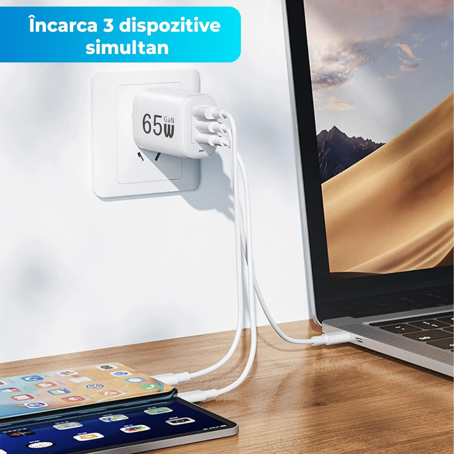 Timebox Încărcător rețea 65W 3 porturi alb încărcare rapidă