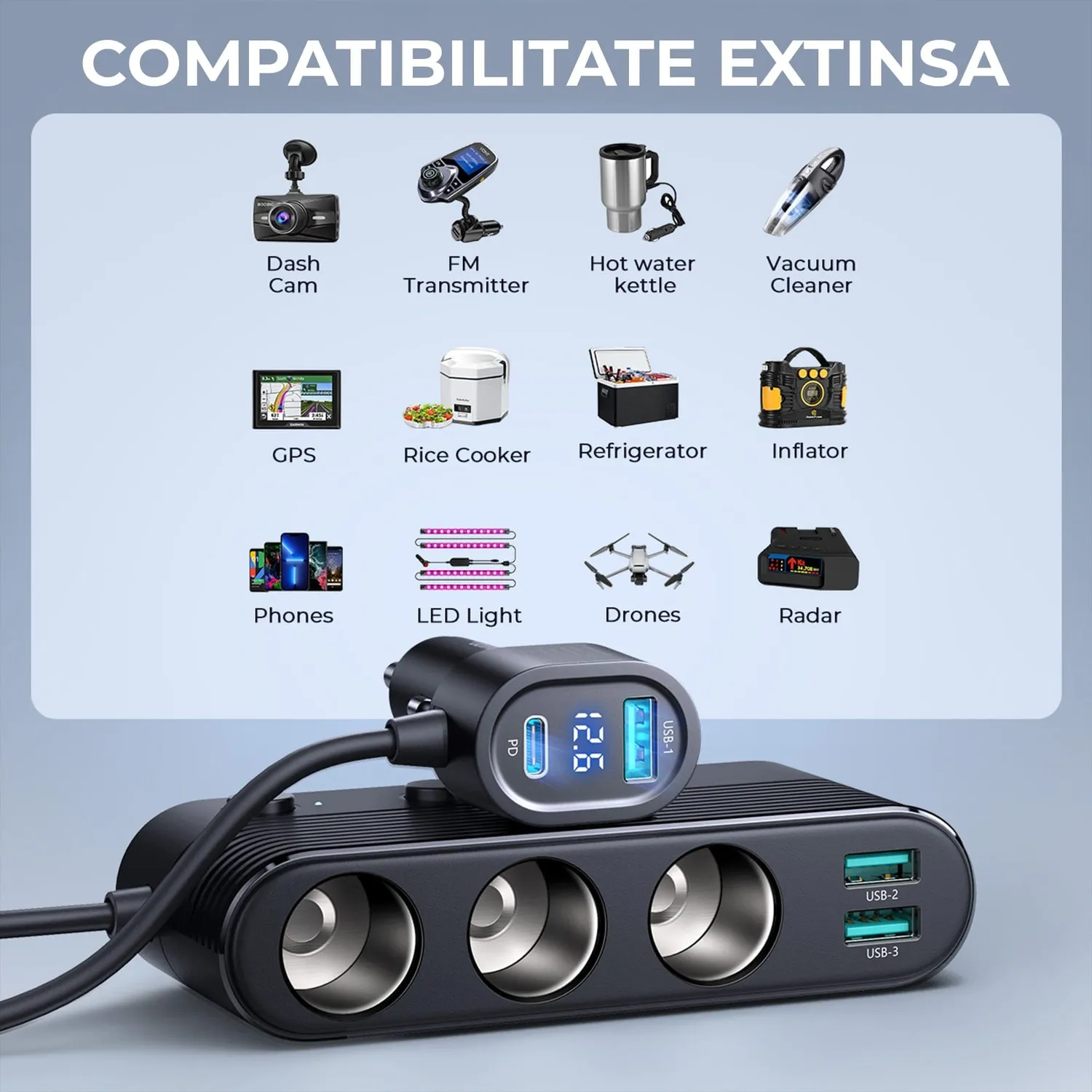 Timebox 139W incarcator auto 7 in 1 cu USB si USB-C display