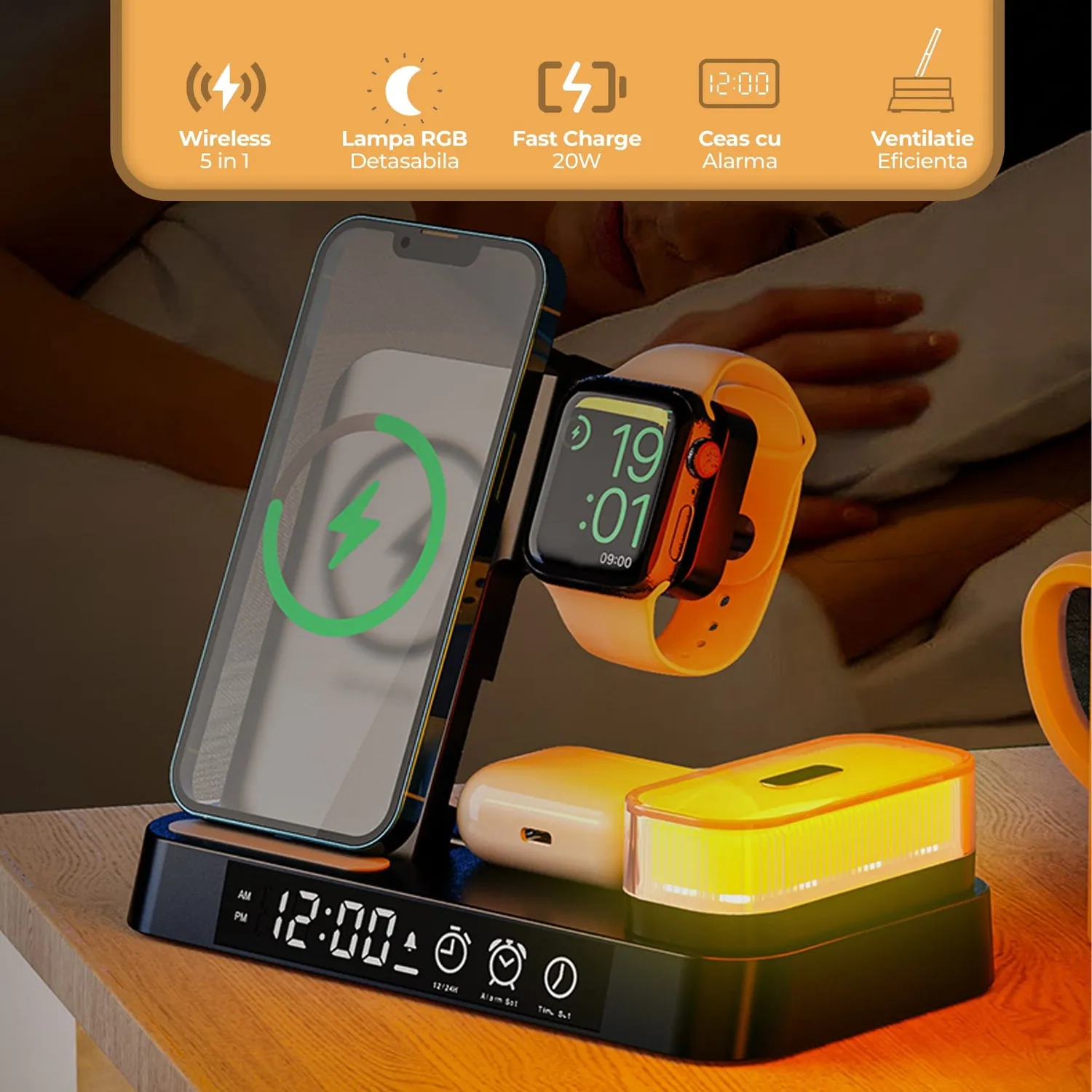 Timebox 20W incarcator wireless 5 in 1 cu lampa detasabila