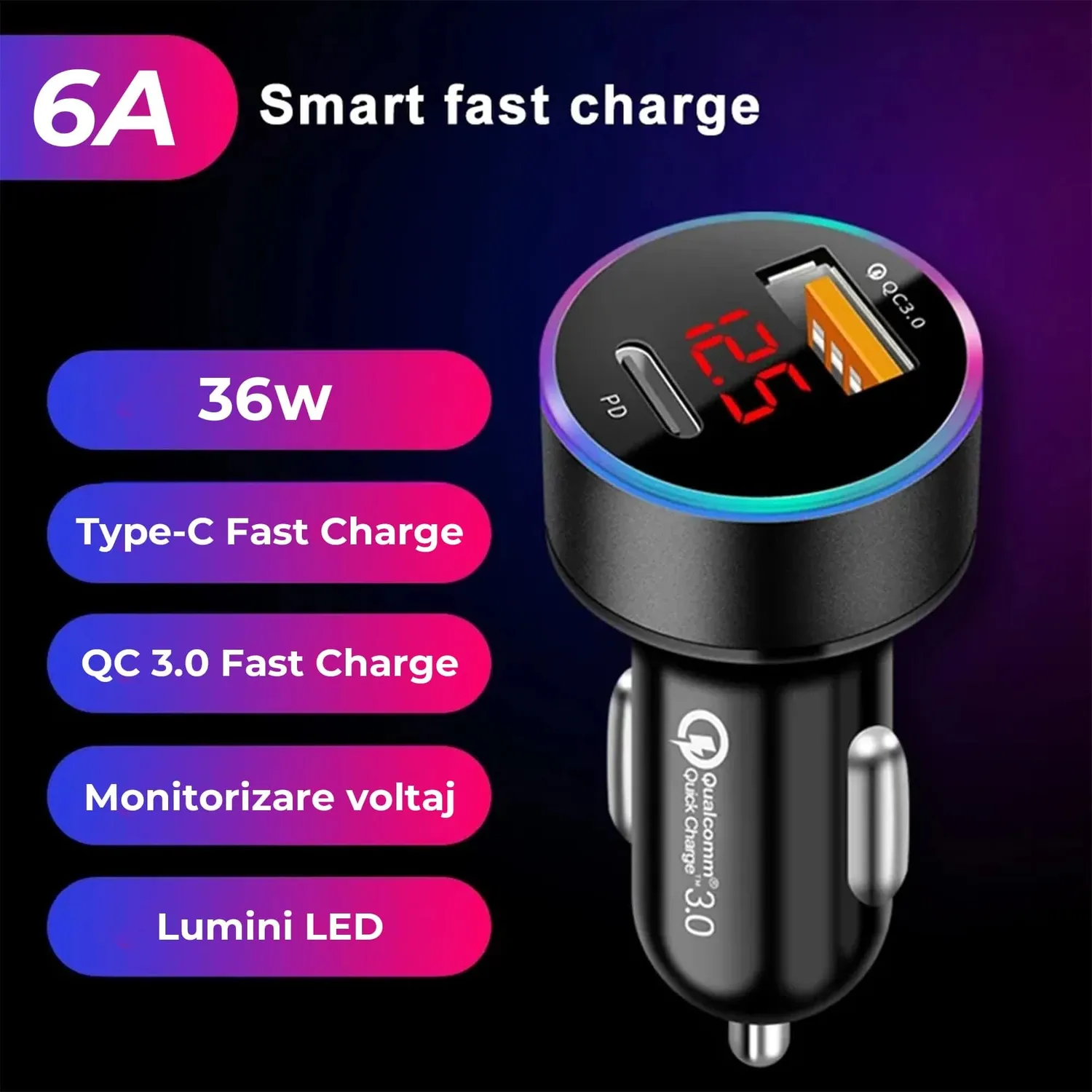 Timebox incarcator auto 36W Type-C USB Quick Charge 3 negru