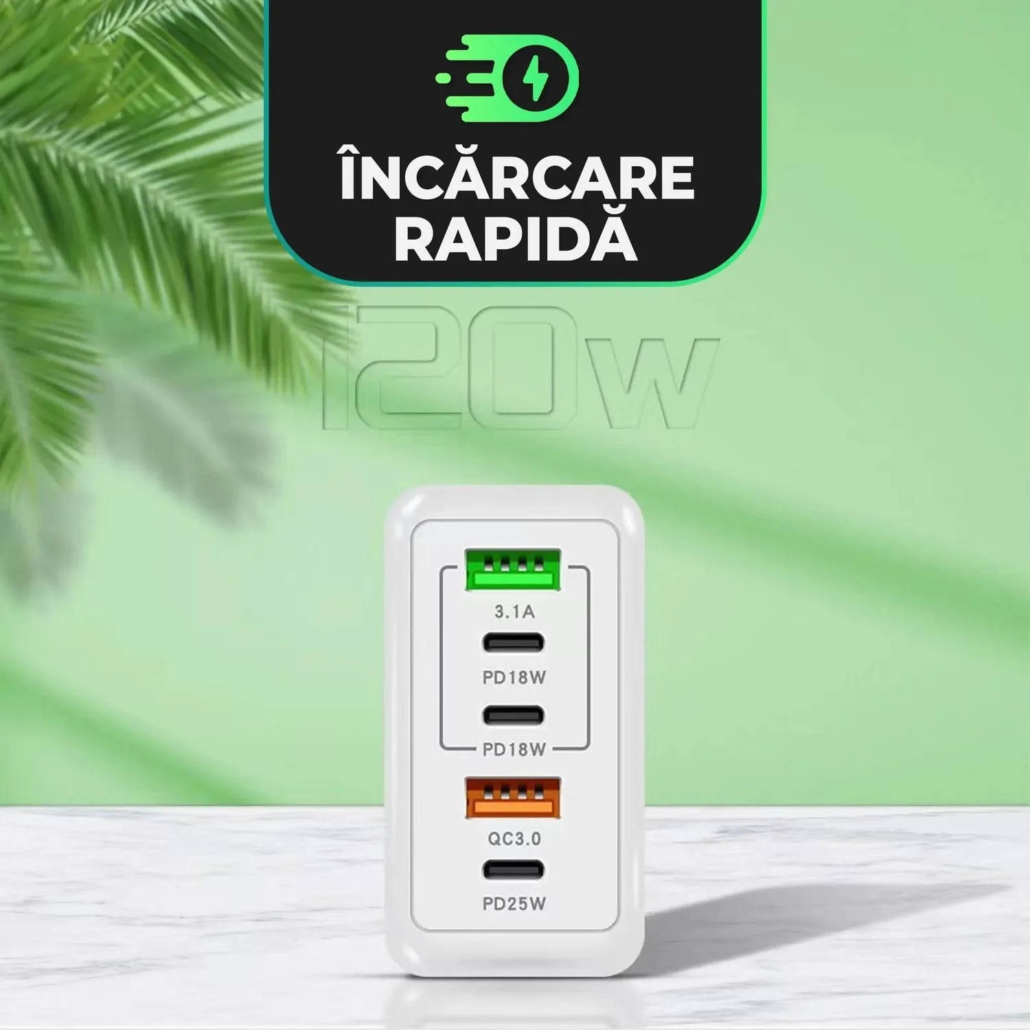 Incarcator retea Timebox 120W 5 porturi alb fast charge