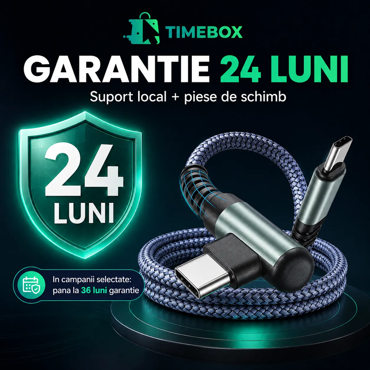 Timebox Cablu USB-C la Type-C 60W 3m Negru 90° Nylon