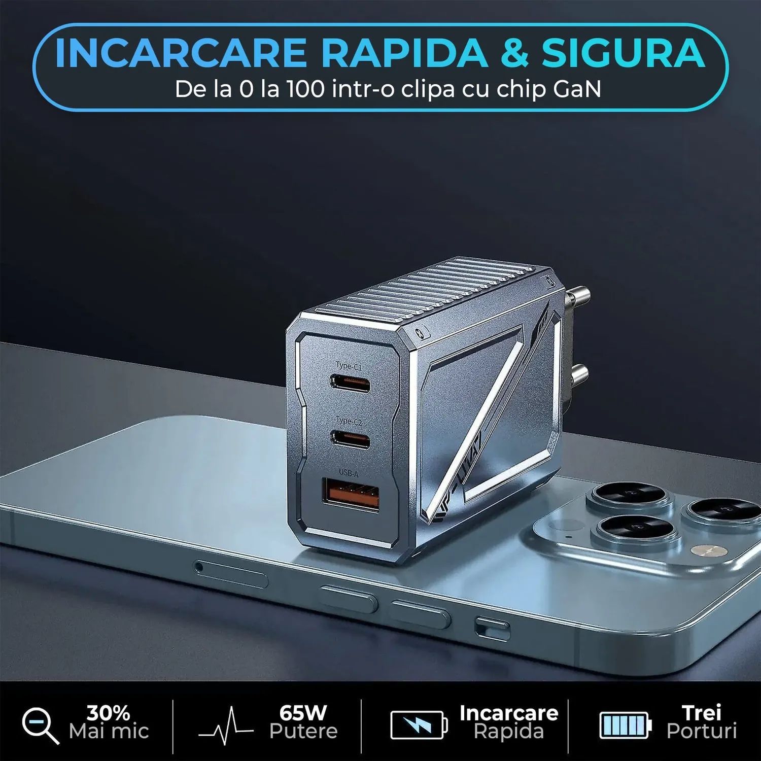 Timebox 65W incarcator retea 3 porturi 2x Type-C gri