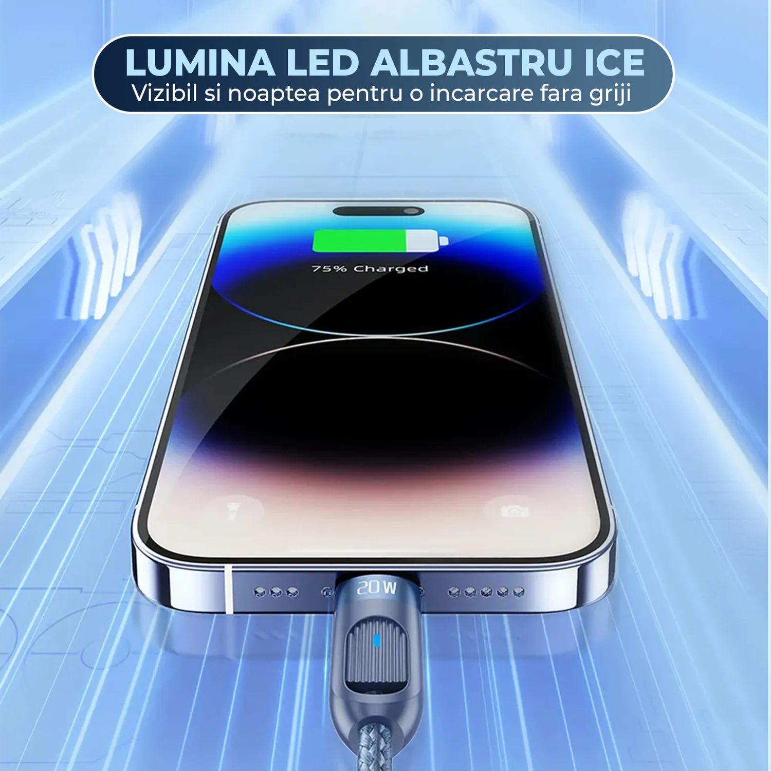 Timebox cablu USB-C Lightning 20W spiralat albastru