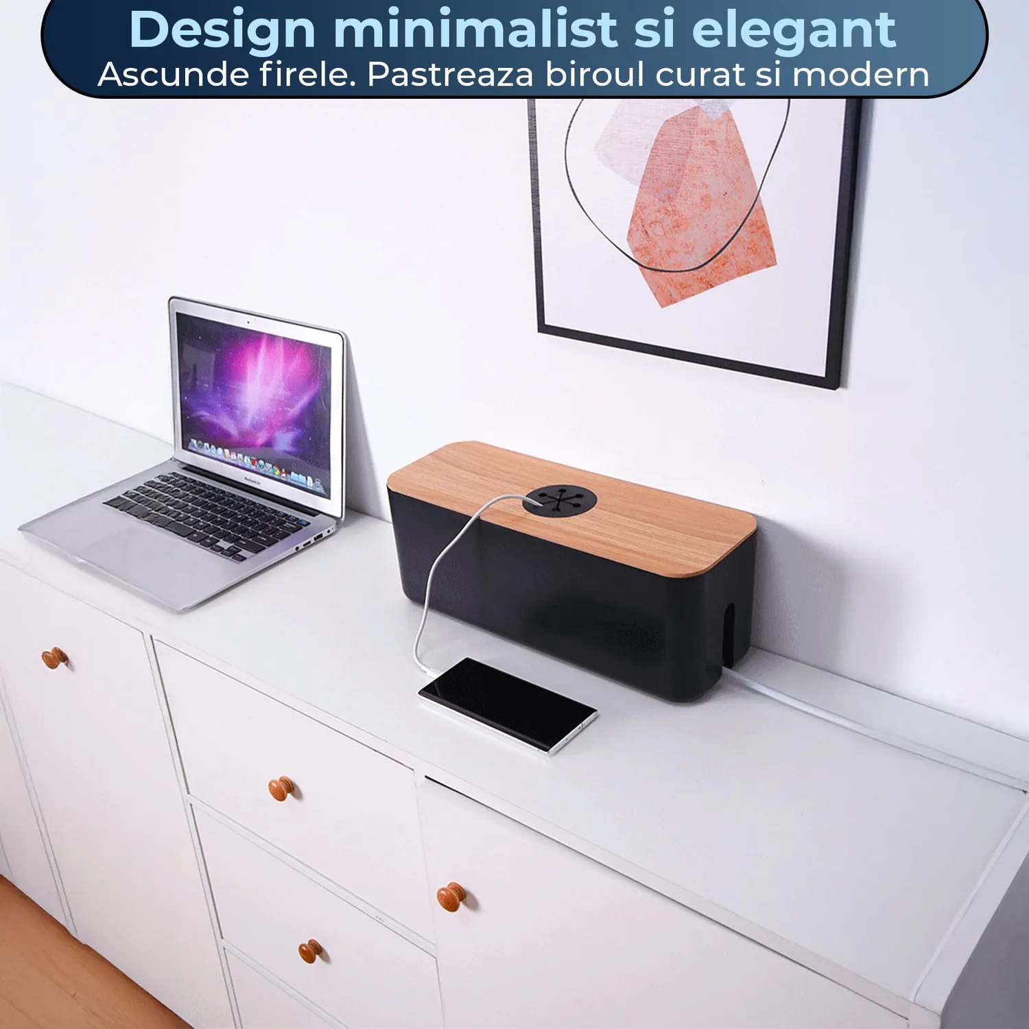 Timebox cutie cabluri cu capac negru orificii rotunde birou TV