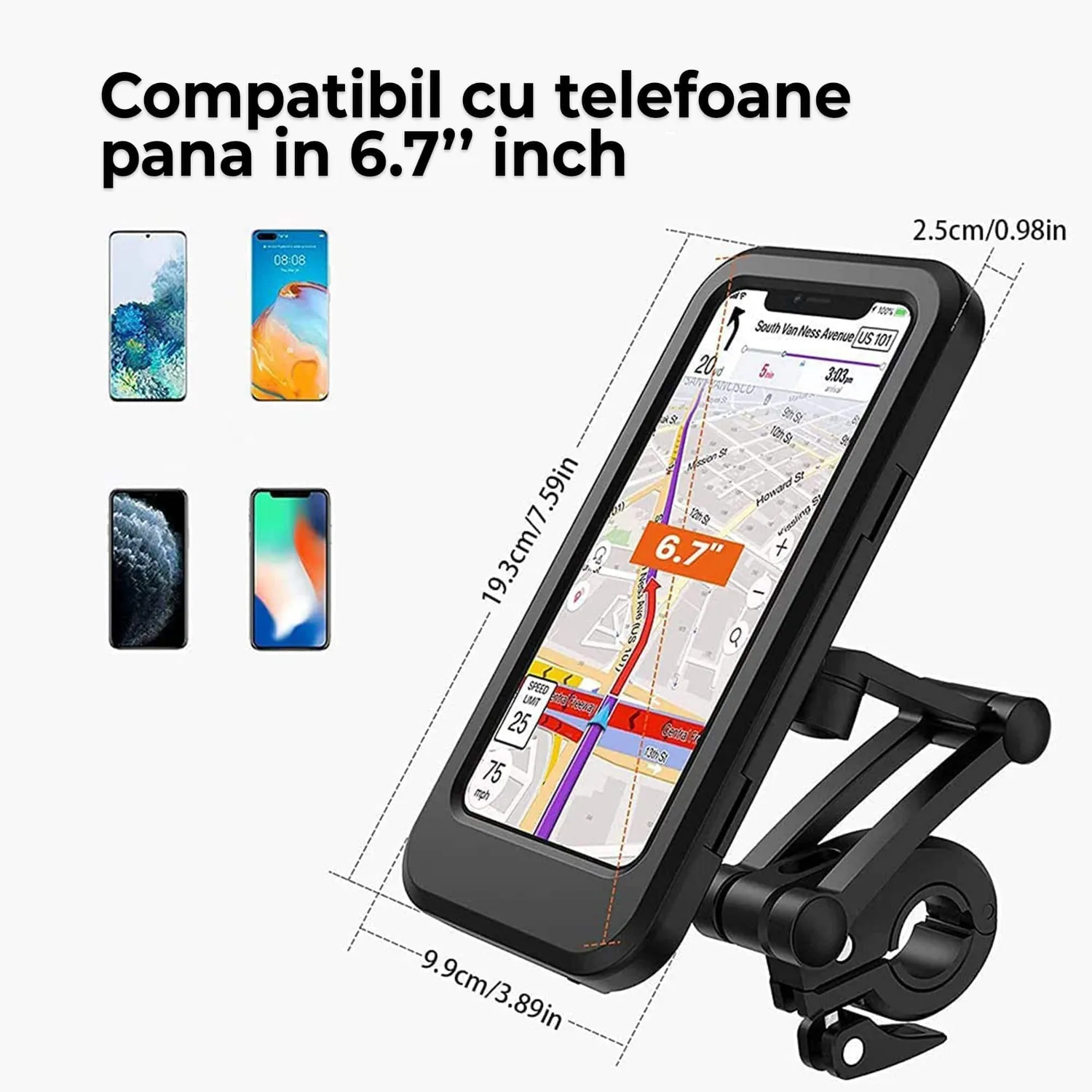 Timebox suport telefon bicicleta 360 grade negru cu touchscreen