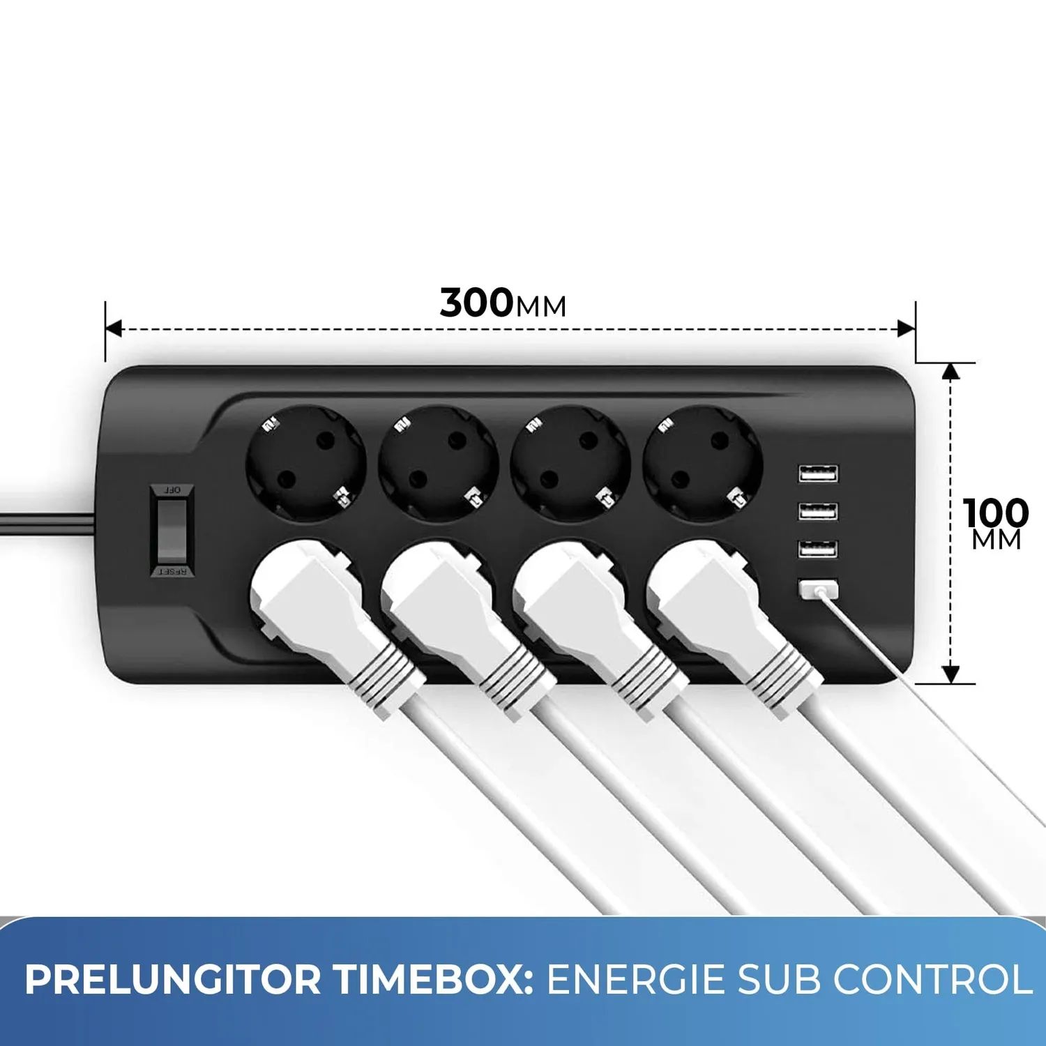 Prelungitor Timebox 8 prize + 4 USB buton ON/OFF negru