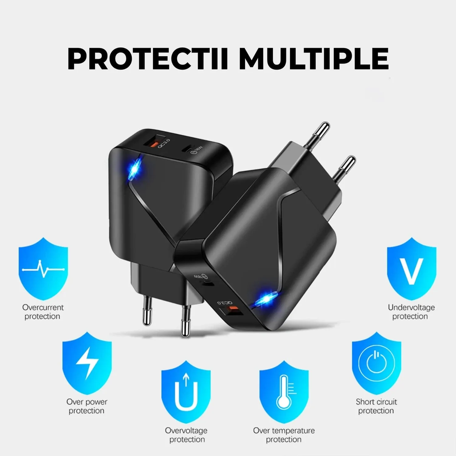 Timebox Incarcator Retea 20W Negru 2 Porturi USB Type-C LED