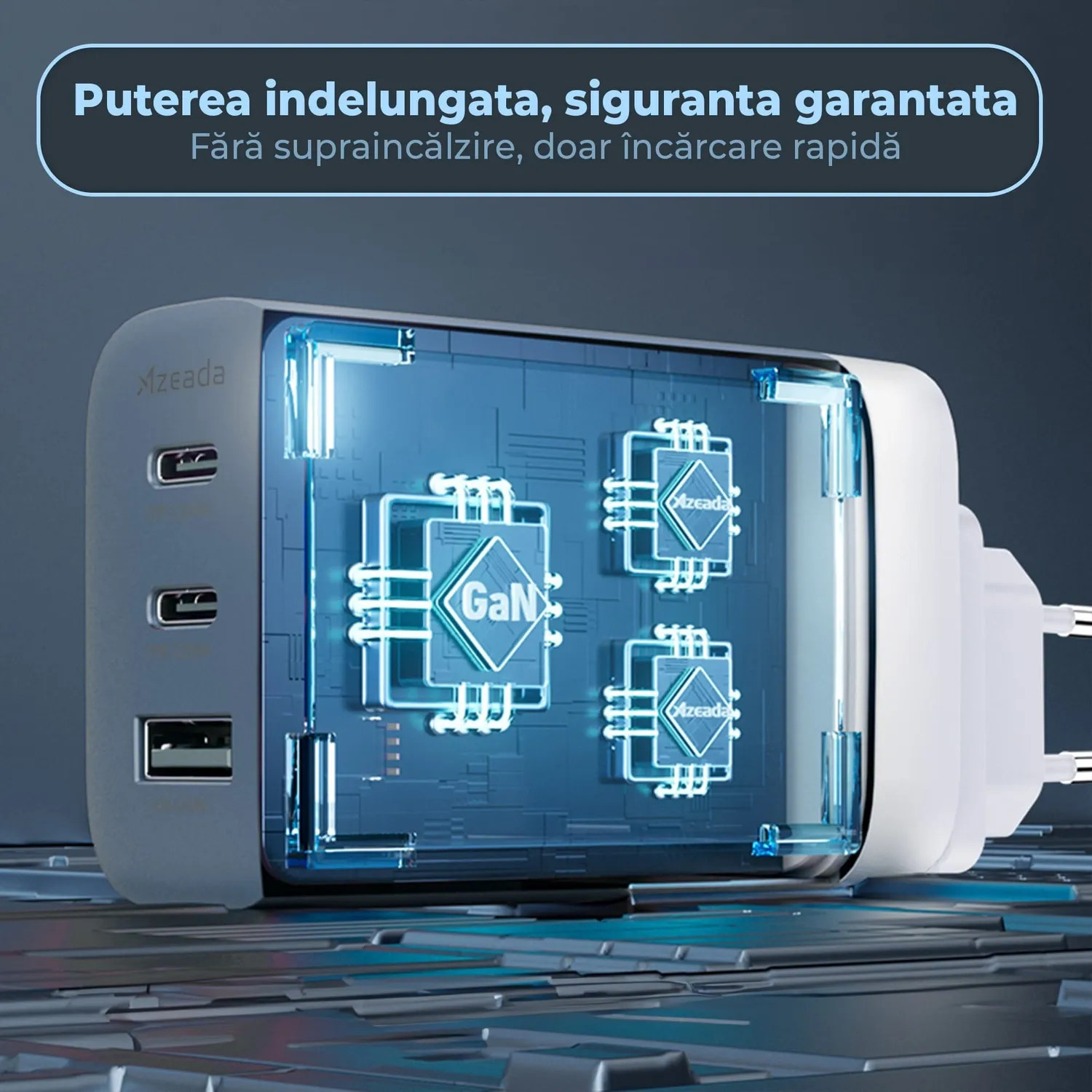 Timebox incarcator retea 65W albastru 2x Type-C + USB