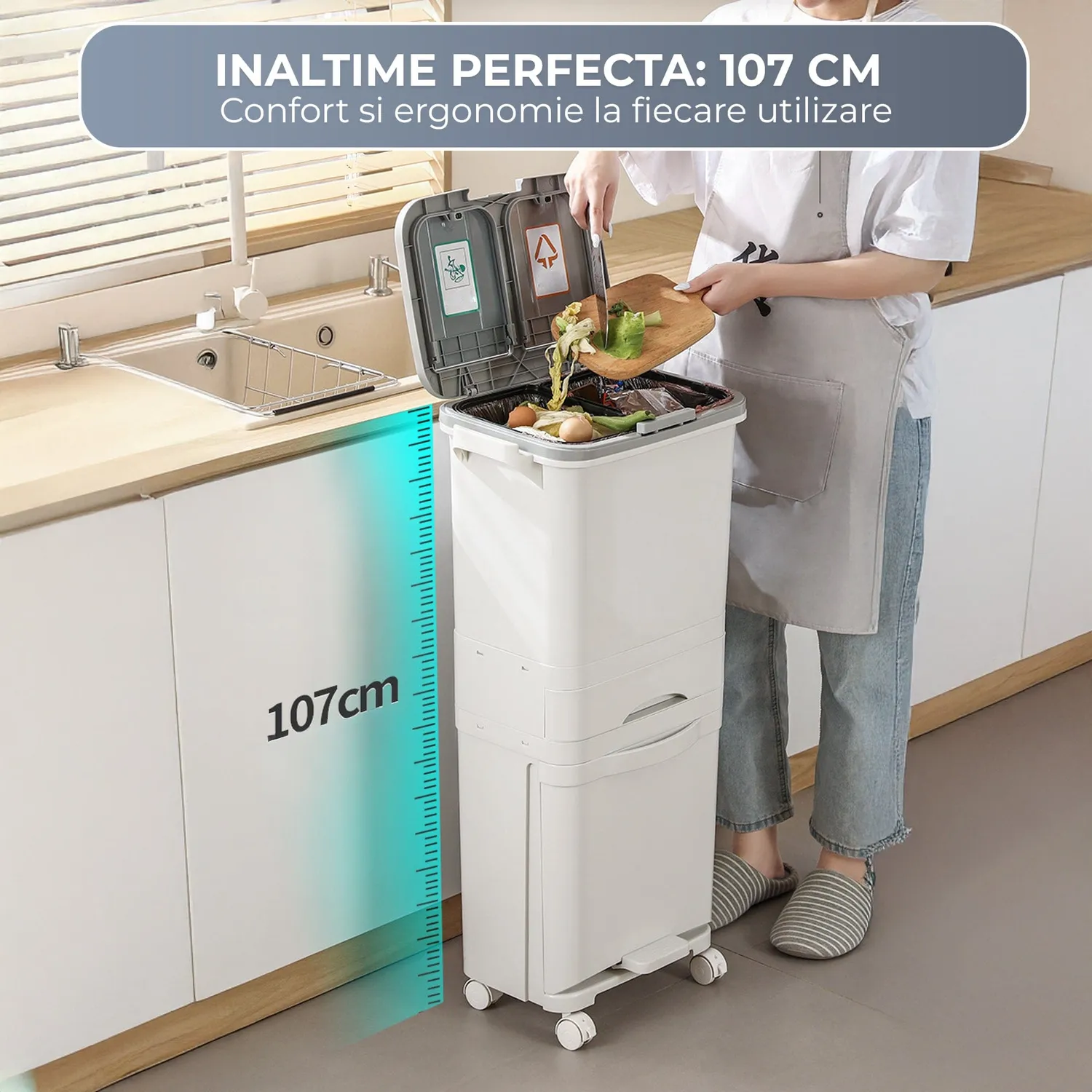 Timebox 42L cos gunoi bucatarie alb dublu cu pedala silentioasa