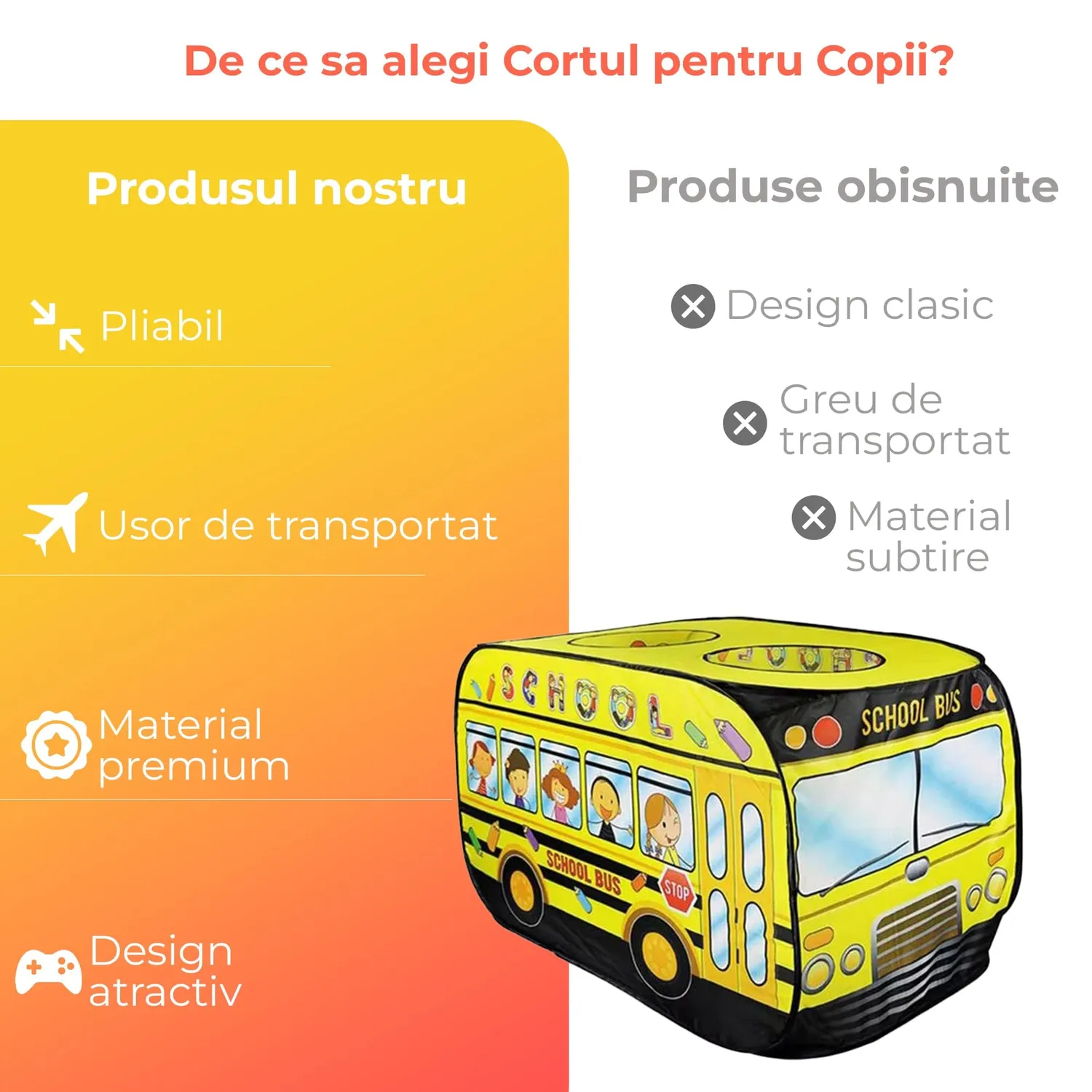 Timebox cort joaca copii autobuz galben pop-up 1-5 ani